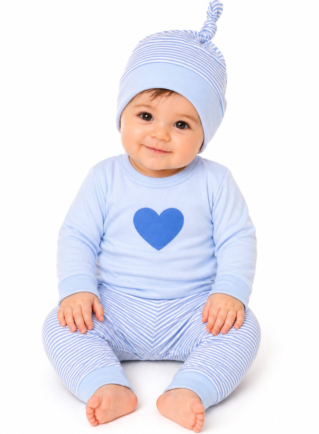 Langarmshirt & Hose Baby Anzug in Blau Shirt Mitwachshose Mütze für Neugeborene