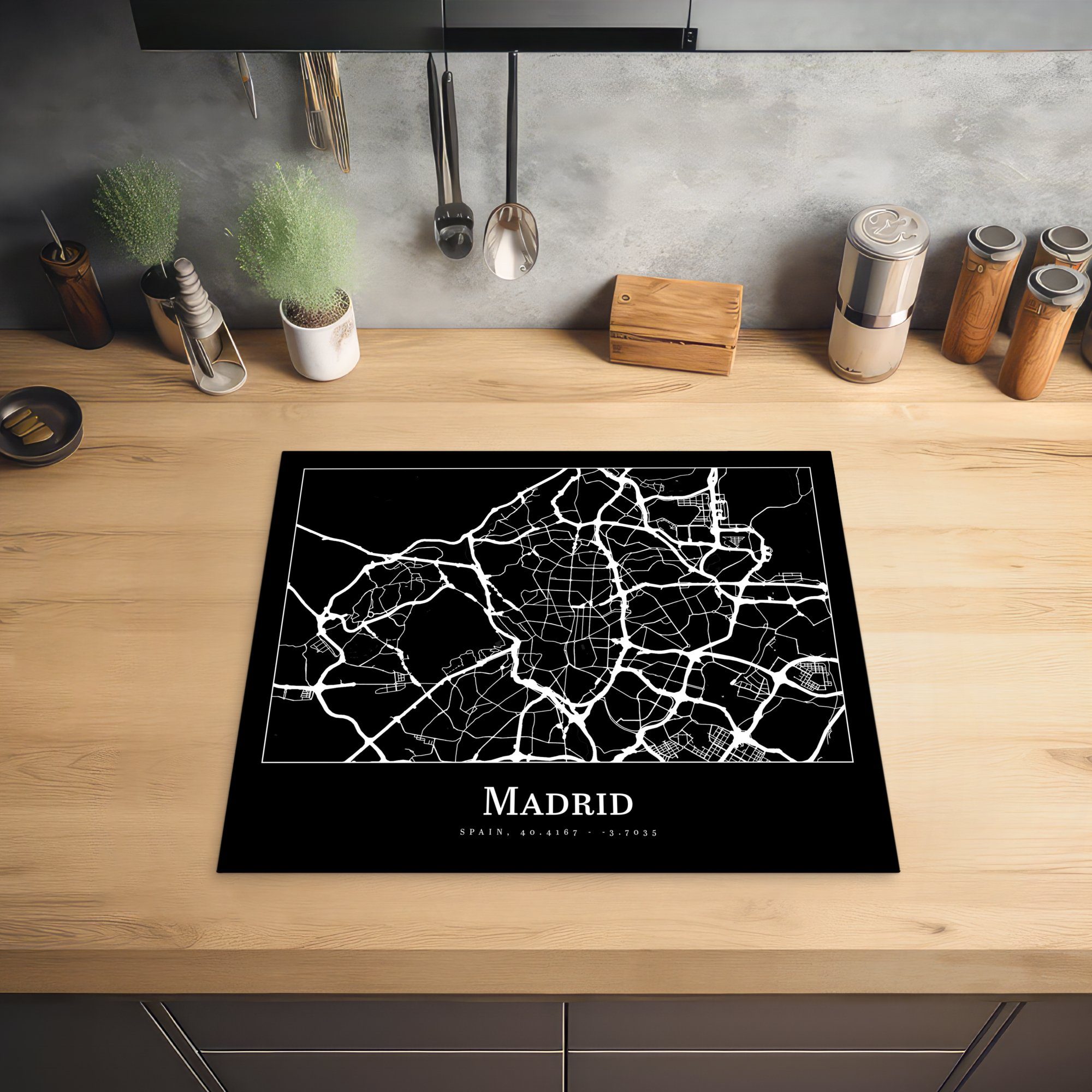 Stadtplan, (1 Herdblende-/Abdeckplatte tlg), Karte MuchoWow - cm, Induktionsschutz, Vinyl, 57x51 Ceranfeldabdeckung - Induktionskochfeld, Madrid