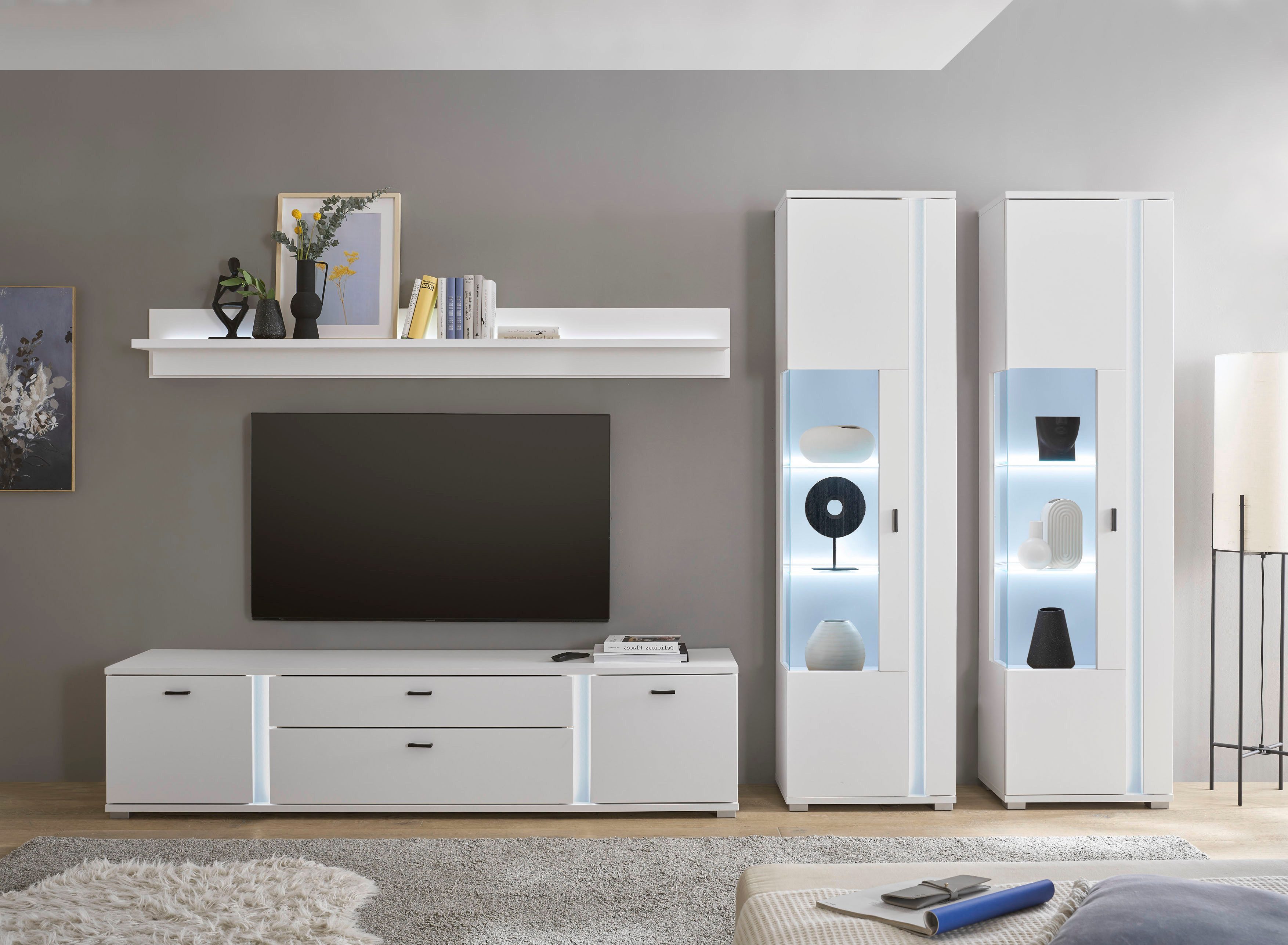 Home affaire Wohnwand LONG ISLAND, (Set, 4-St), in moderner Trendfarbe,inklusive senkrechter Beleuchtung,Breite 330 cm