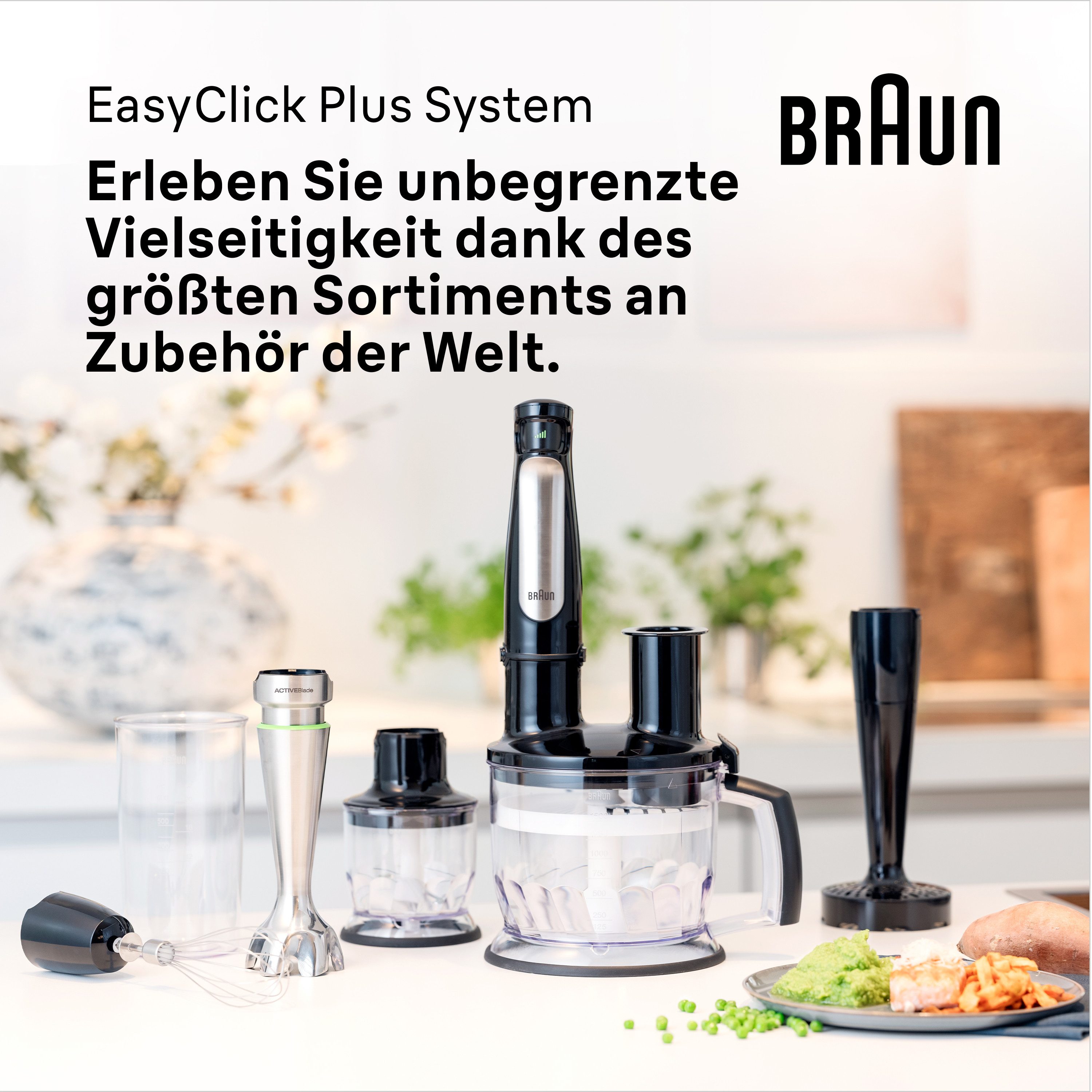 Braun Stabmixer MultiQuick 7 MQ 7035X - 1000W, Stufenlosregulierbar, Dynamische Klinge, 1000 W, Spritzschutz, Extra Mahlklinge, 500 ml Zerkleinerer, Schneebesen – Bild 4 von 5