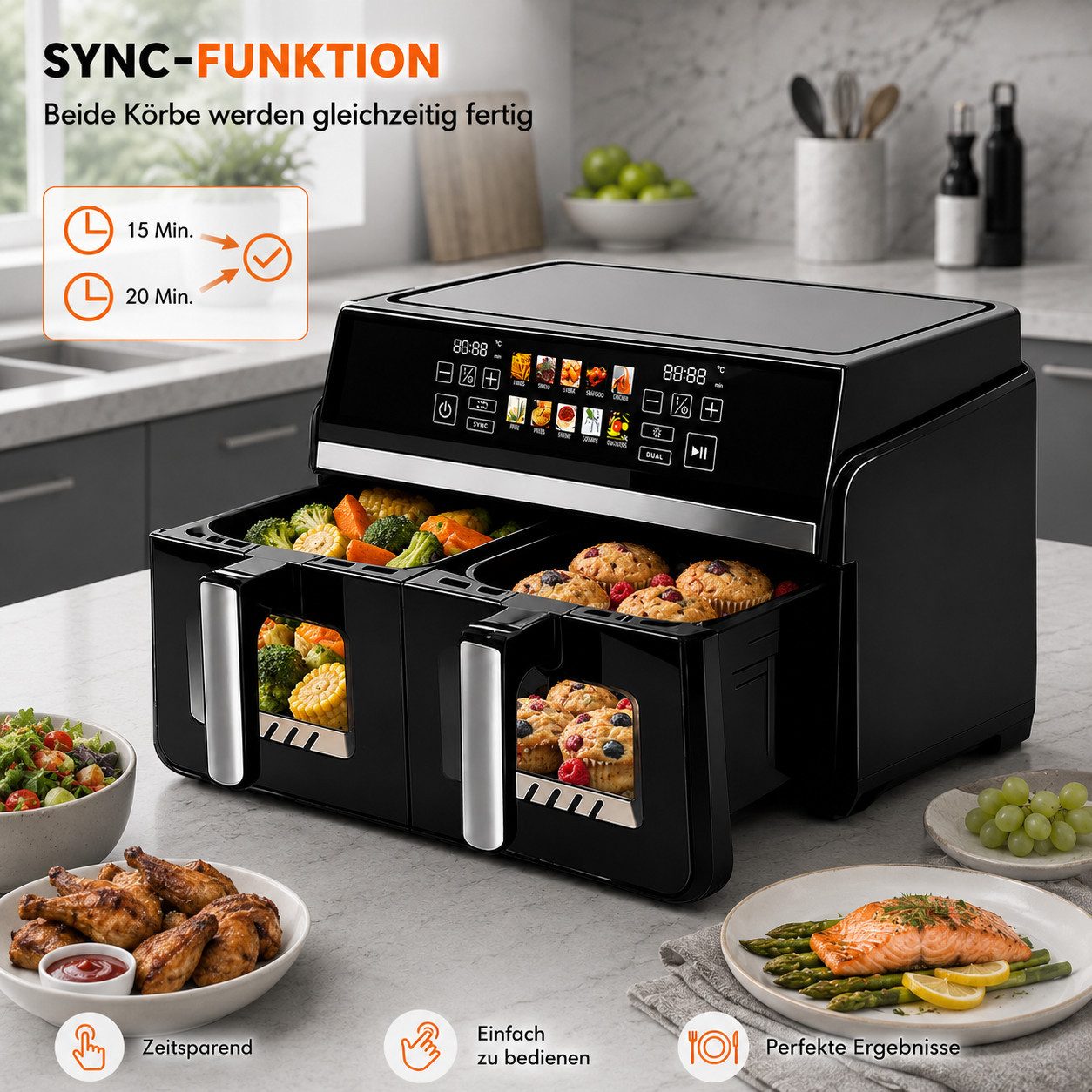 Ledklang Heißluftfritteuse 2 unabhängige Kammern 10L XXL Air fryer 13-in-1 Programm, 2200 W, 2 kammern übereinander, getrennter Temperatur Zeiteinstellung – Bild 2 von 5
