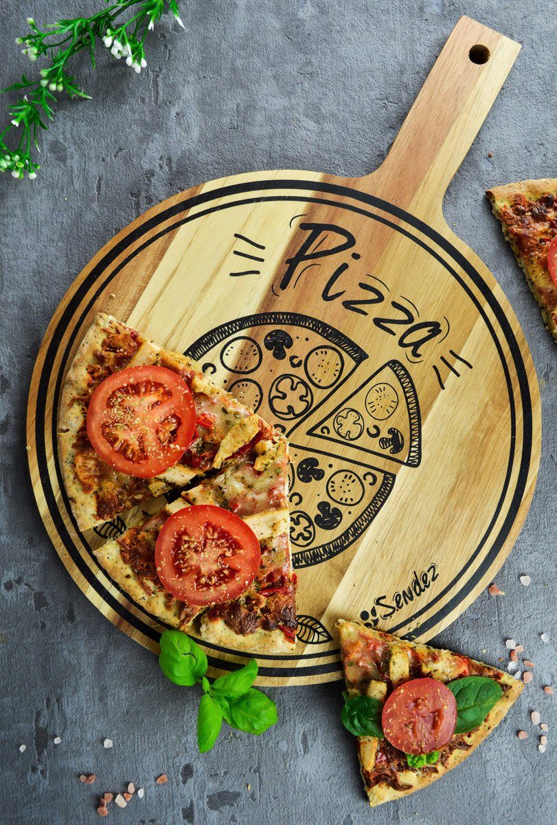 Käsebrett Pizzabrett mit Wurstplatte und Pizzateller Vesperbrett Aufdruck Pizzaschneidebrett ø30cm Sendez Griff Holzbrett