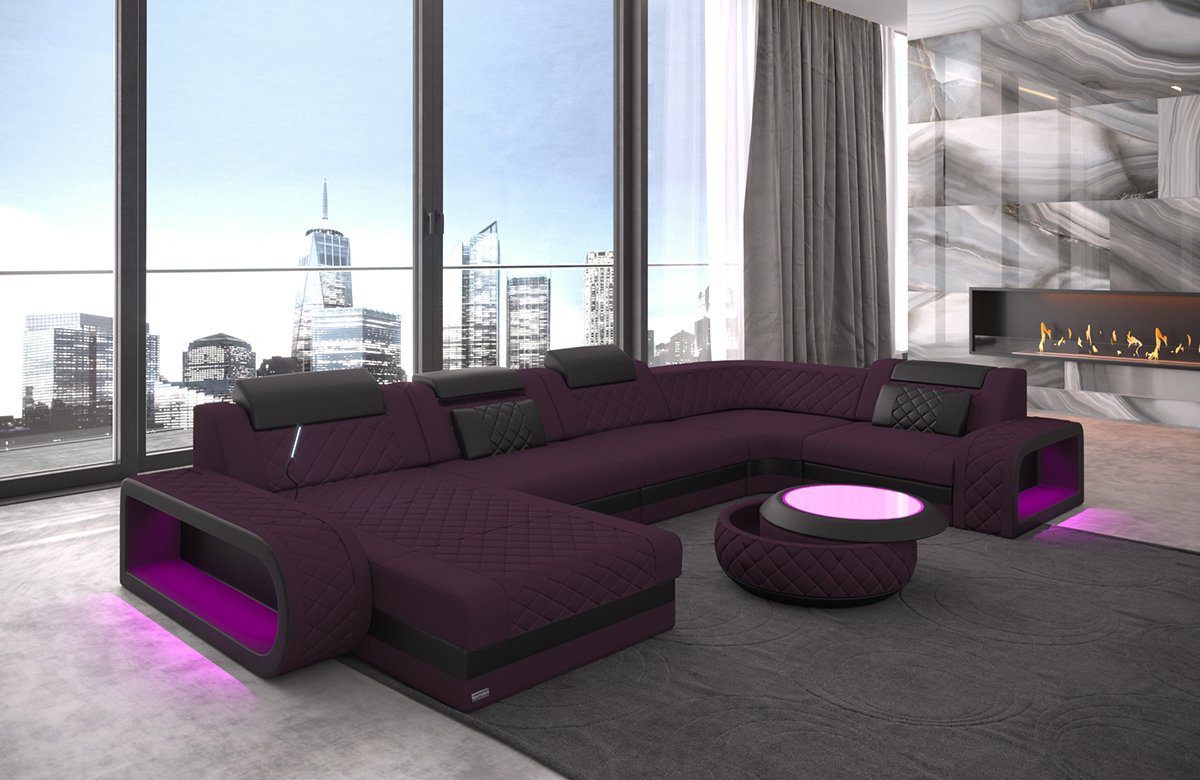 Sofa Dreams Wohnlandschaft Berlin U Form Stoff, 6-Sitzer Ottomane Kopfstützen opt. mit Schlaffunktion LED und USB