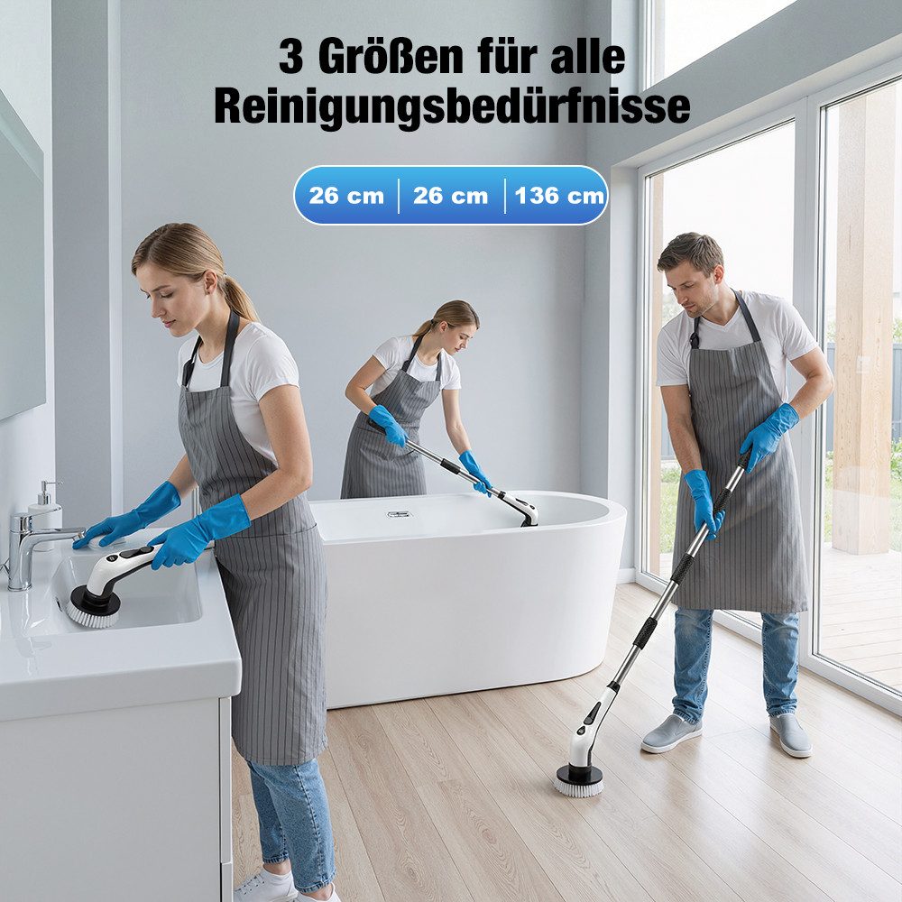 PRASKY Reinigungsbürsten-Set Kabellose Rotationsbürste mit 9 Köpfen & IPX8 wasserdicht, Auto, Fliese, Boden, Geschirr, Grill, Glas, Badewanne, Waschbecken, Balkon, Fenster, (9-teiliges Reinigungsbürstenset, 9-tlg., Kabellose Drehbürste, 2 Geschwindigkeitsstufen, Geräusch <60 Dezibel), 2600 mAh, 110 Min Laufzeit, 9 Bürstenköpfe für Reinigungsbürste