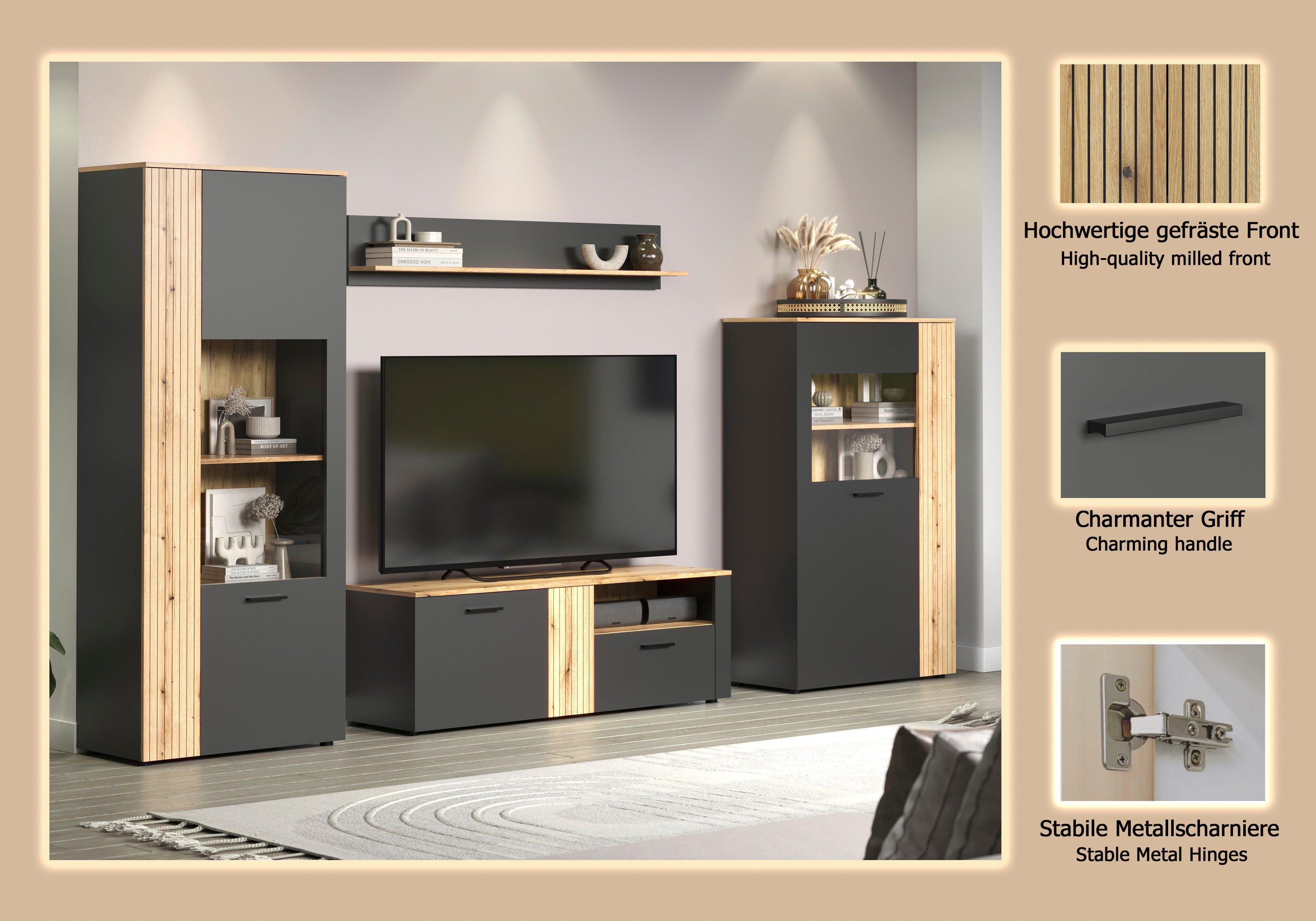 Home affaire Wohnwand Estepona, (Komplett-Set, 4-St), Wohnzimmermöbel mit Rillenoptik - (B/T/H): 340/42/195 cm