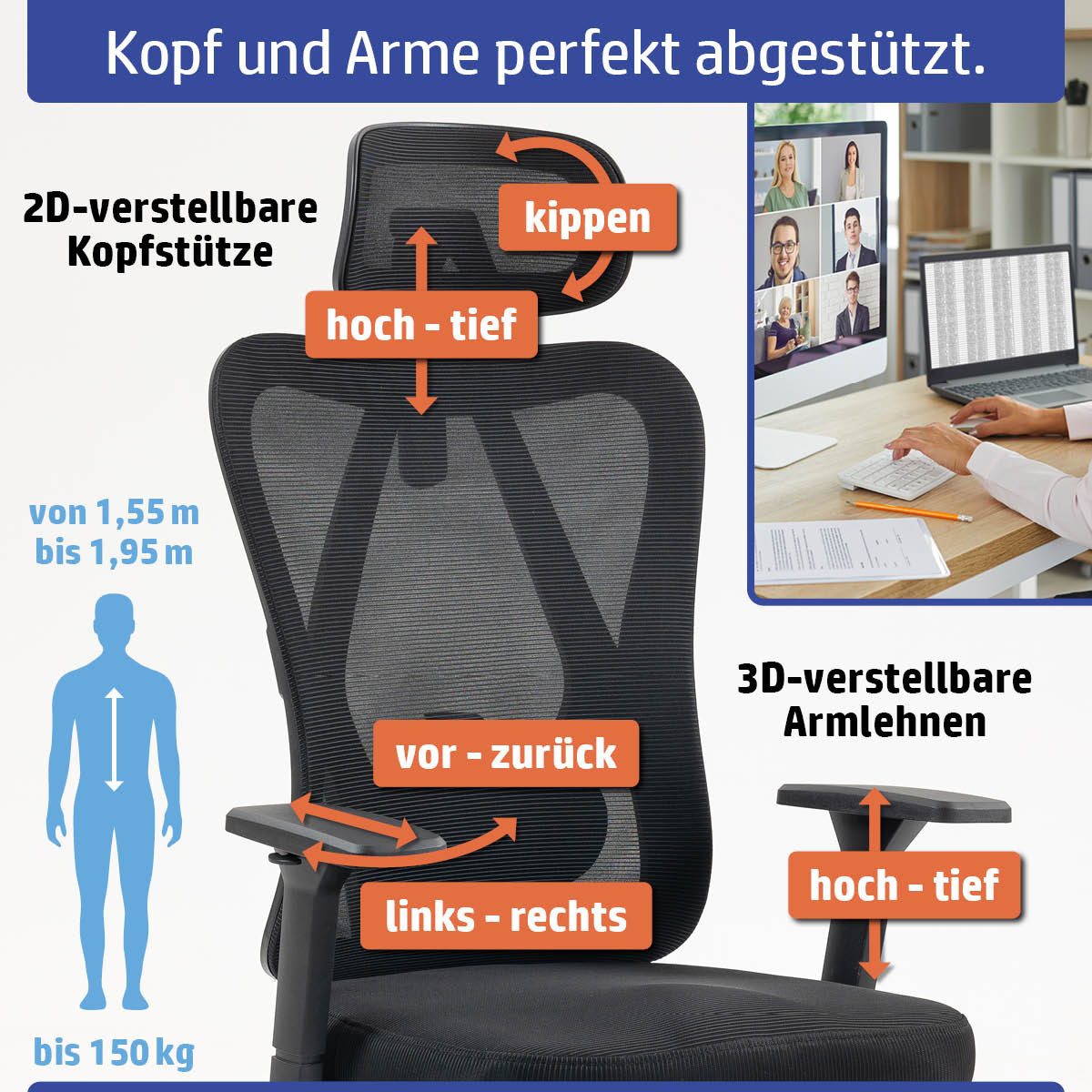 AMBINESS Bürostuhl Schreibtischstuhl, verstellbare Armlehnen & Kopfteil, 6 Modelle (Ergonomisch, stufenlos verstellbare Lendenstütze), inkl. 2 Rollensets, bis 150kg