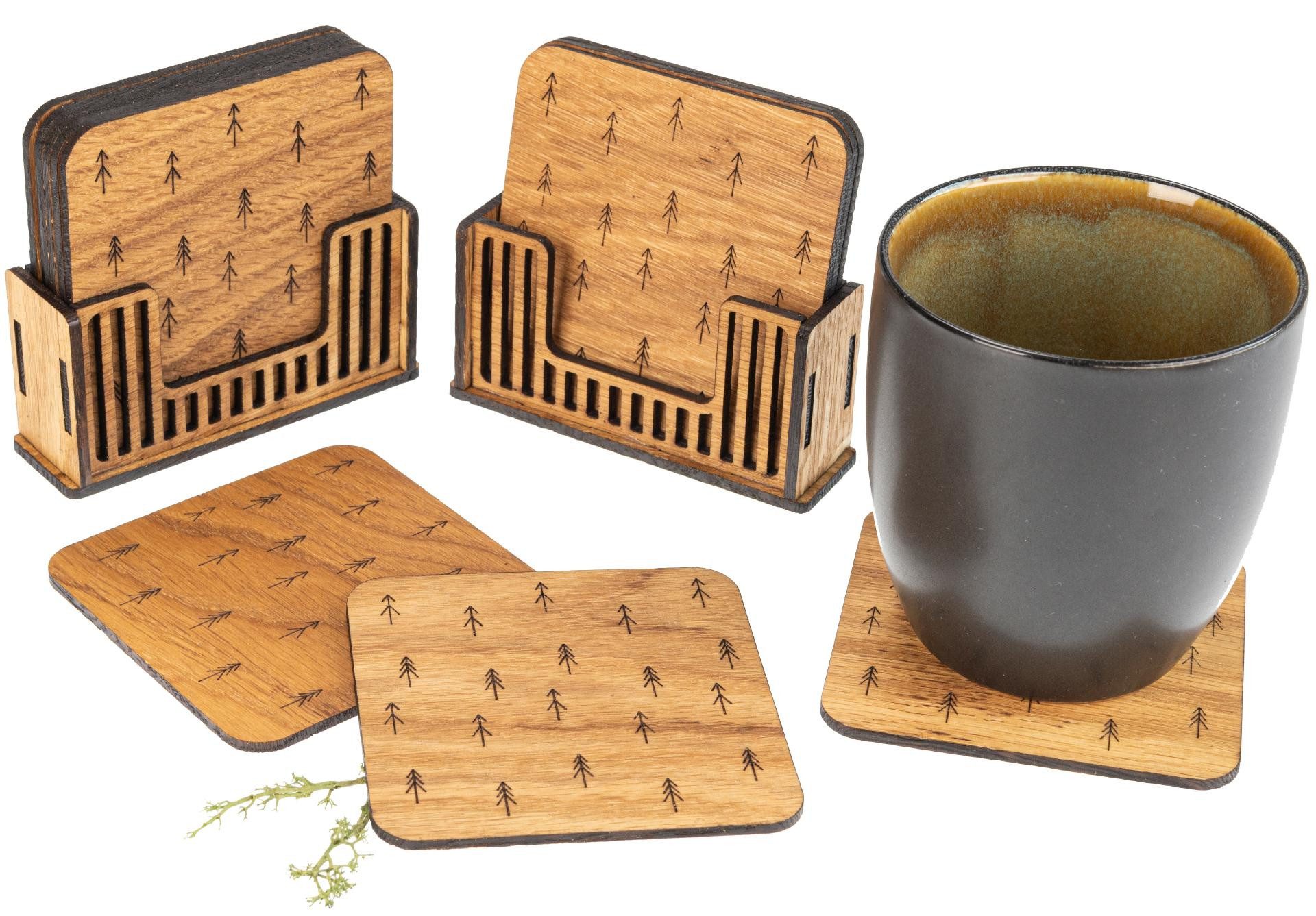 Holz Frank Glasuntersetzer Glas Untersetzer 6er Set mit Aufsteller aus Eiche geölt mit Wald Motiv, 7-tlg., Massivholz Eiche