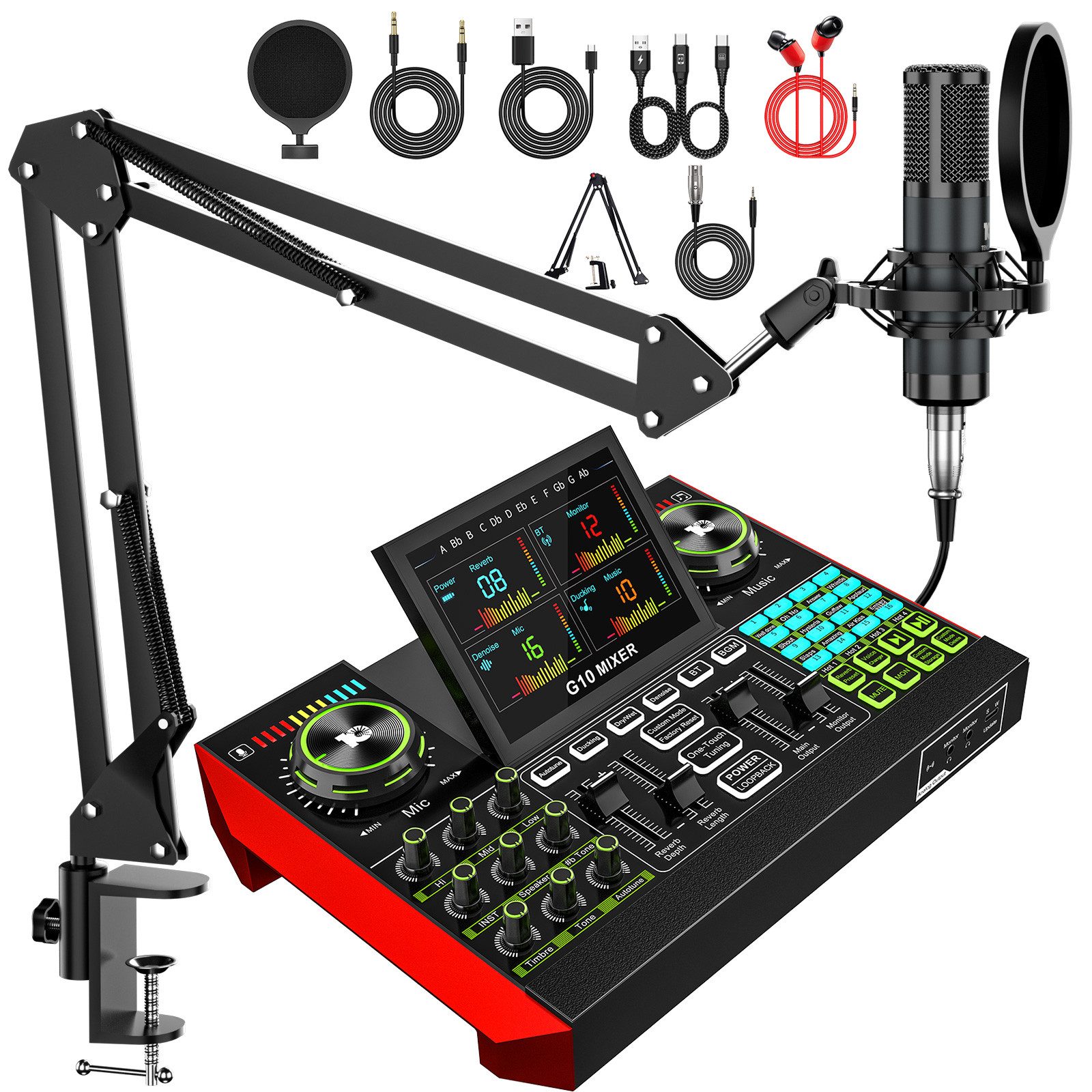 home trends Tenlamp G10 Zehn Lampen Podcast- & Streaming-Set mit Mixer Soundkarte 7.1 Surround, USB-Plug-and-Play, Display, Stimmwechsel, Aufnahme, Hall