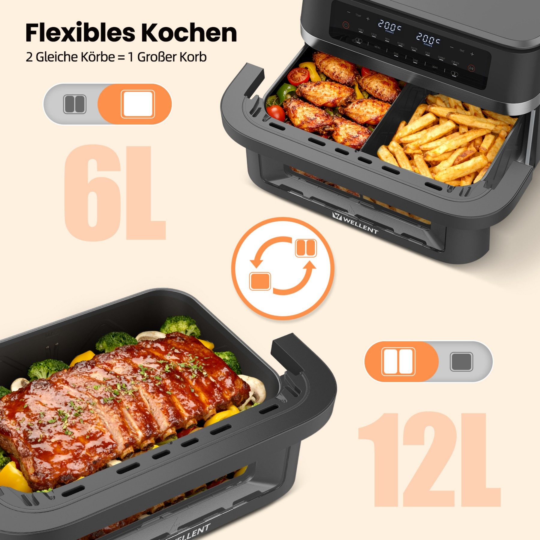 WELLENT Heißluftfritteuse XXL Airfryer mit herausnehmbarem Trenner, SHAKE‑Erinnerung, Sichtfenster, Sync‑Finish & 8 Programm, 2950 W, - spart Zeit&Energie, perfekt für Familien, WG, Feiern & Meal‑Prep