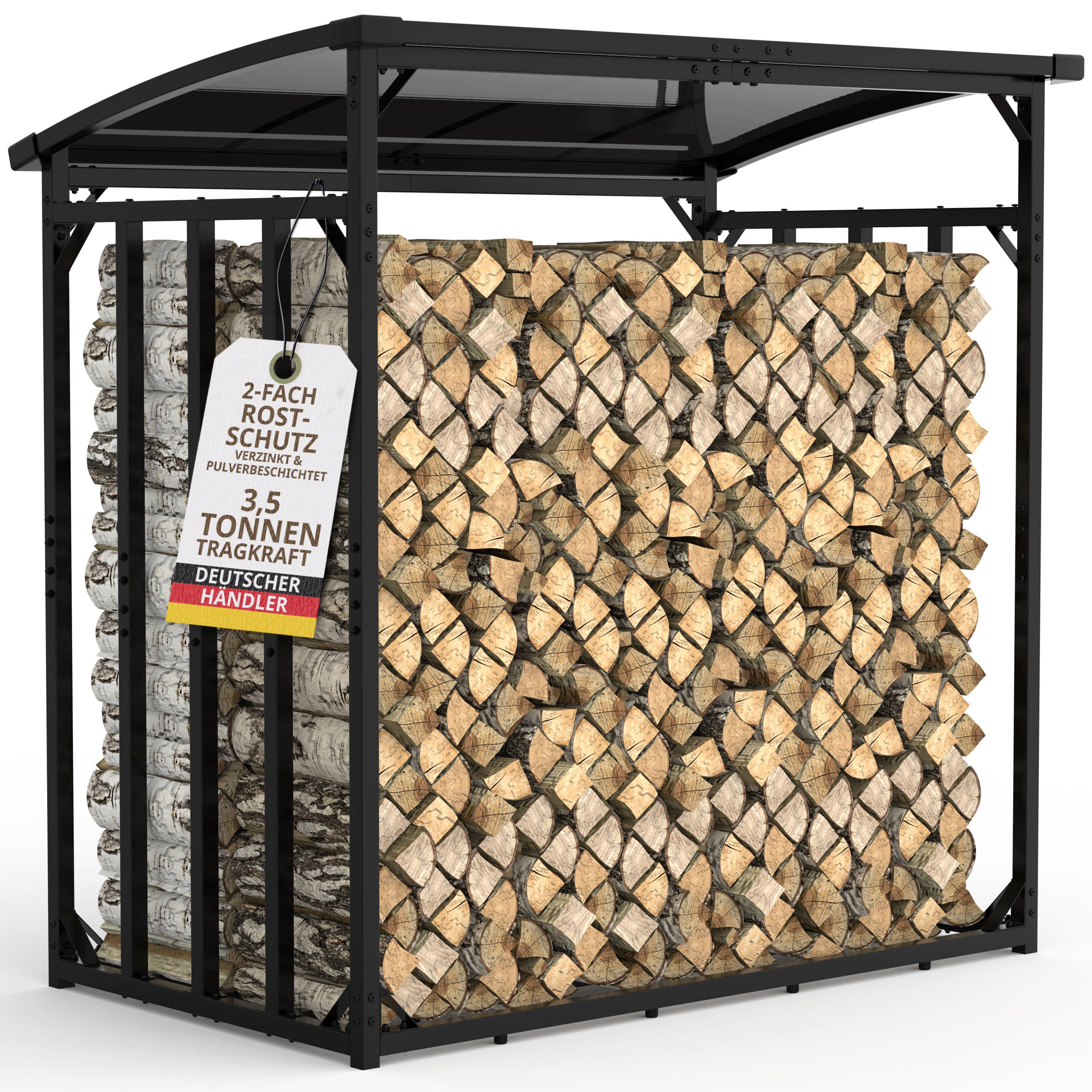 LAWA Living and Lifestyle Kaminholzregal mit Dach 40x40mm Stahl für 25cm Scheitholz XXL Feuerholzständer außen, BxTxH:185x105x185 cm, verzinkt, wetterfest, besonderes Design