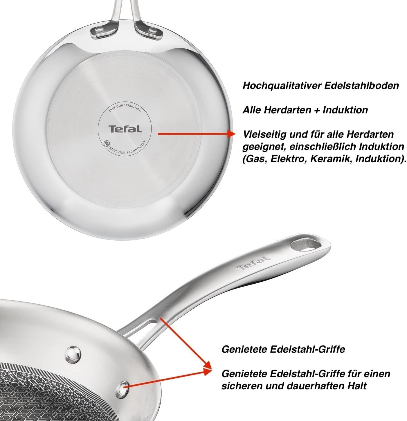 Tefal Pfannen-Set ETERNAL Pfannenwender, kratzfeste (5-tlg), Induktionsherd Edelstahl 24 Bratpfanne JO + + Ingenio Antihaft Deckel, 28cm geeignet, + Antihaftbeschichtung Schutzgitter + MESH, Mesh