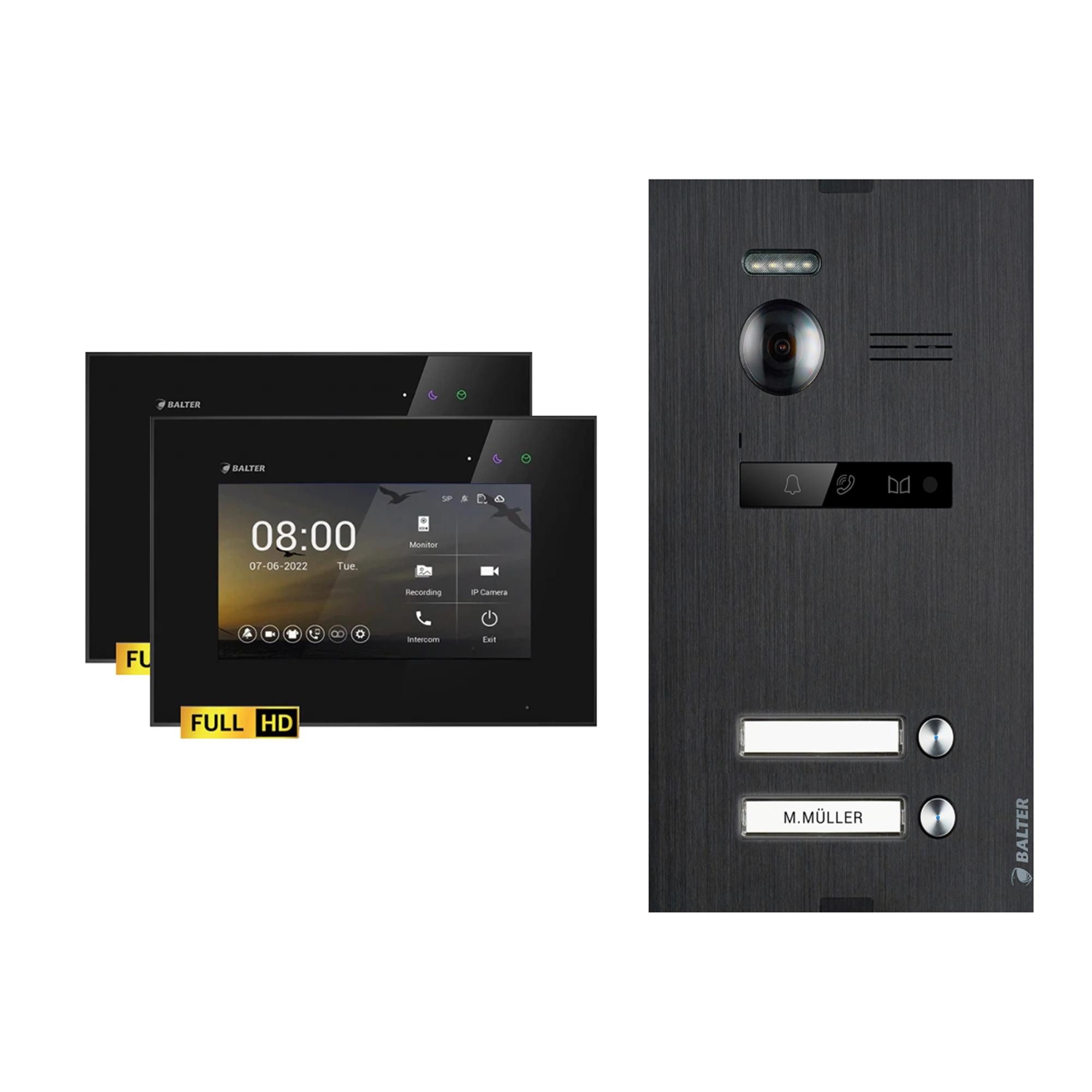 Balter Video-Türsprechanlage EVO-HD Komplettset 2-Familie Schwarz 2x 7" Monitor Schwarz (Set, 2-Familienhaus, Komplettset, FullHD Kamera)