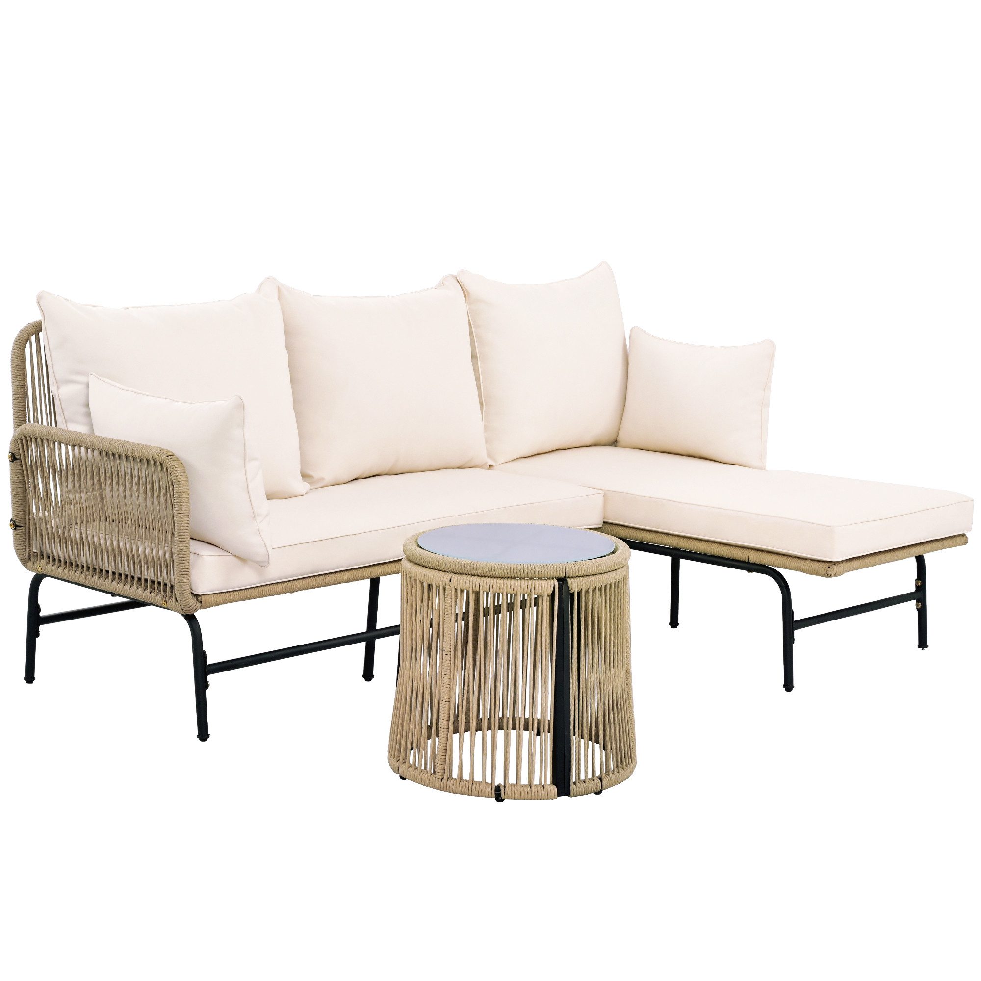 KLAM HOME Gartenlounge-Set aus Korbgeflecht mit Eisenrahmen und cremefarbenem Seil, (set, 1 Tisch 1 Ecksofa 1 Doppelsofa), L-förmiger Gesprächstisch Stuhl-Set für Schwimmbad Terrasse Outdoor