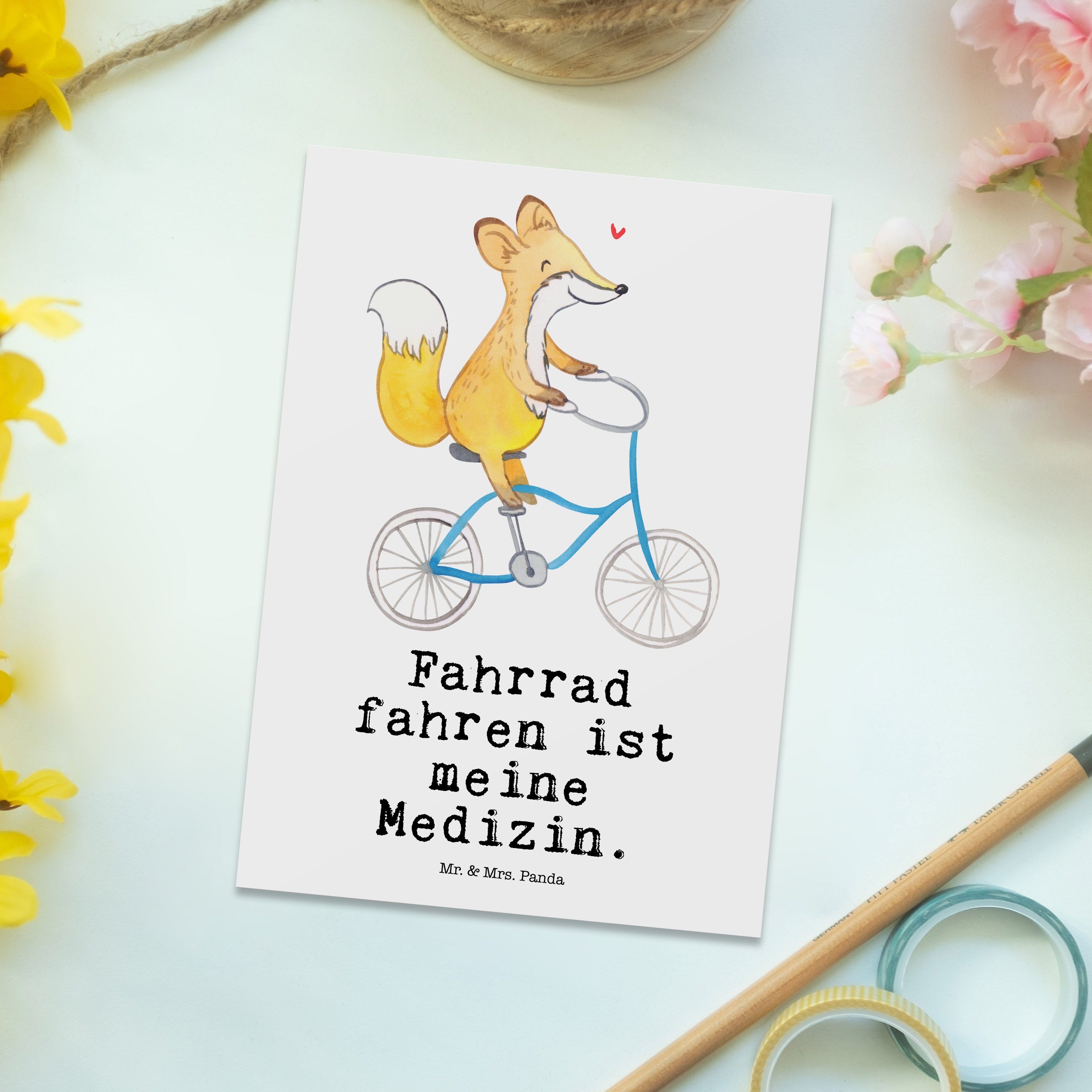 Mr. & Mrs. Geschenk, Schenken, Fahrrad - Radsport, E fahren Panda Medizin Weiß - Postkarte Fuchs