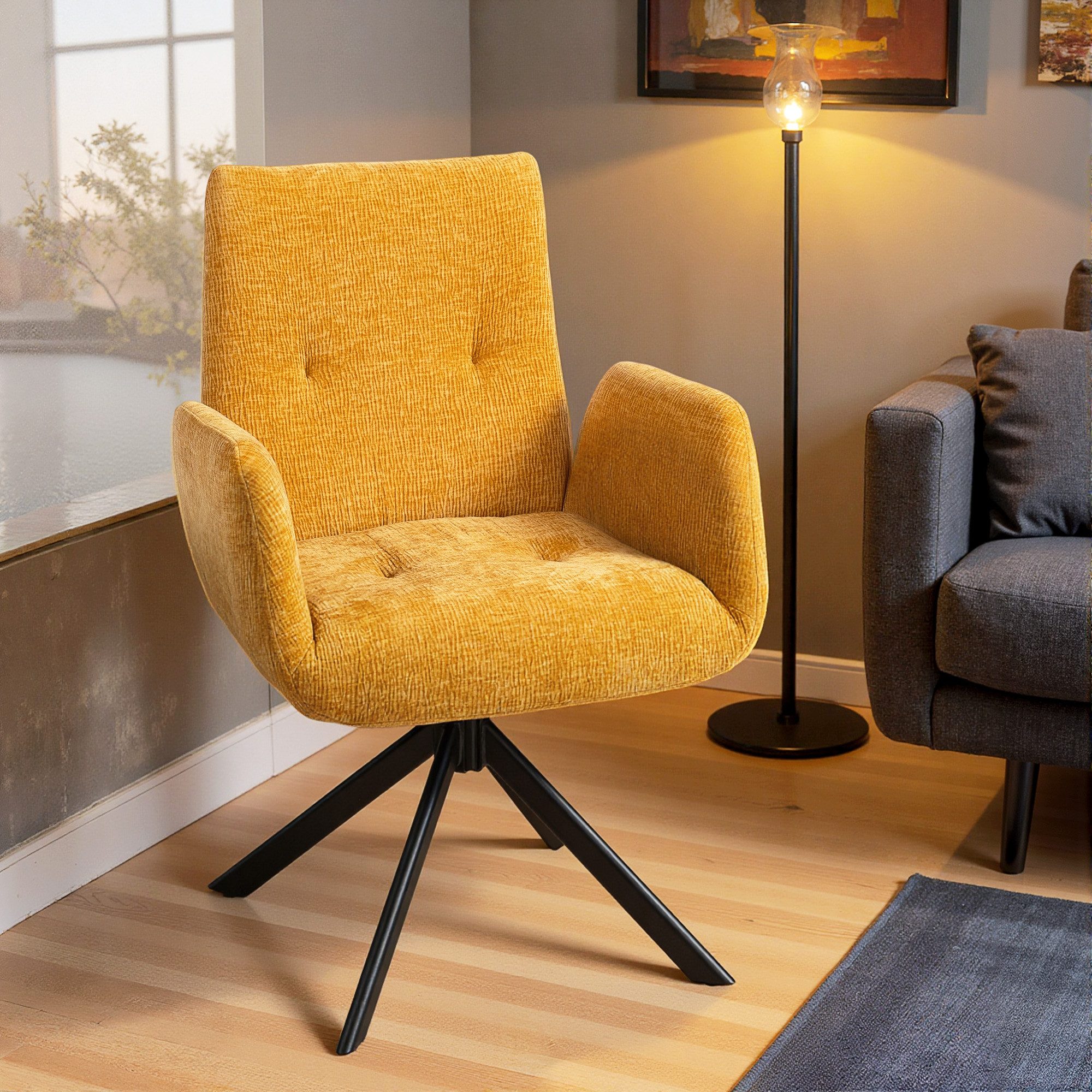 HOMCOM Relaxsessel mit Armlehne, Wolle-Leinenoptik, Knopfheftung, Stahlbeine (Polsterstuhl, 1-St., Loungesessel), für Wohnzimmer, Schlafzimmer, Gelb