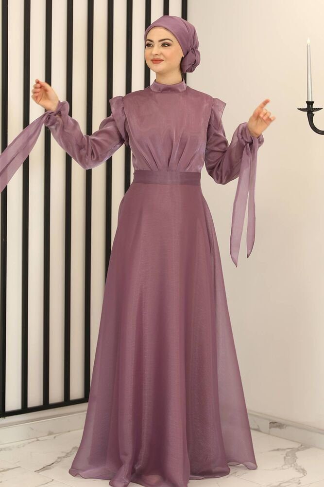 Modavitrini Abendkleid Damen Abendkleid Hijab Kleid glänzend Abiye Abaya Modest Fashion Blickdicht Lila