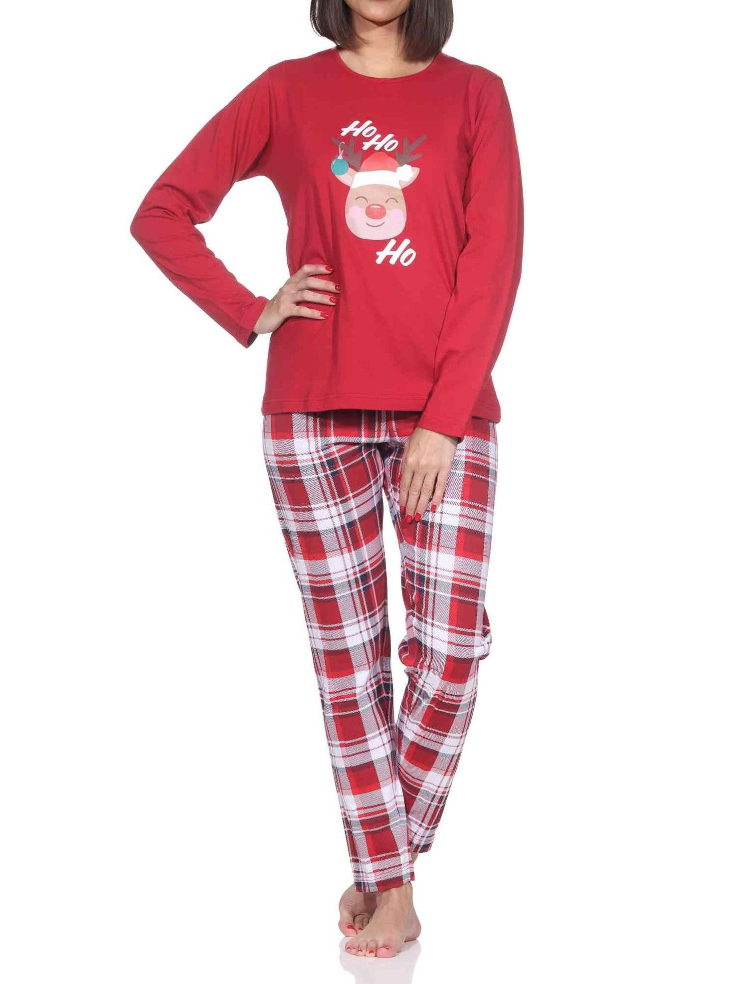 Normann Pyjama Damen Weihnachts Schlafanzug Pyjama mit lustigen Renntier Motiv