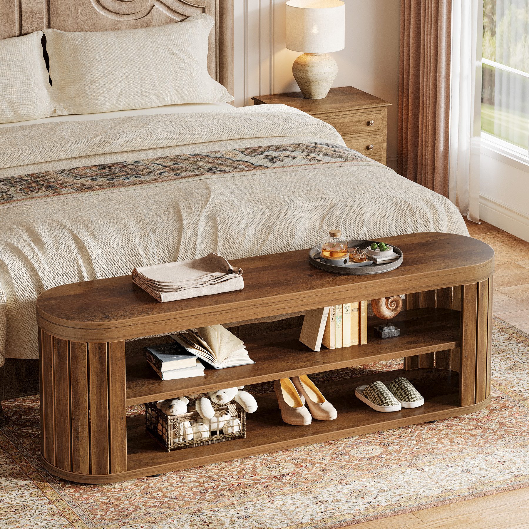 Tribesigns Schuhbank 120 cm Lange Holz-Eingangsbank mit zweistufigem Schuhregal (120x30x45cm), Esszimmerbank im Landhausstil mit verstellbaren Fußstützen – Bild 3 von 5