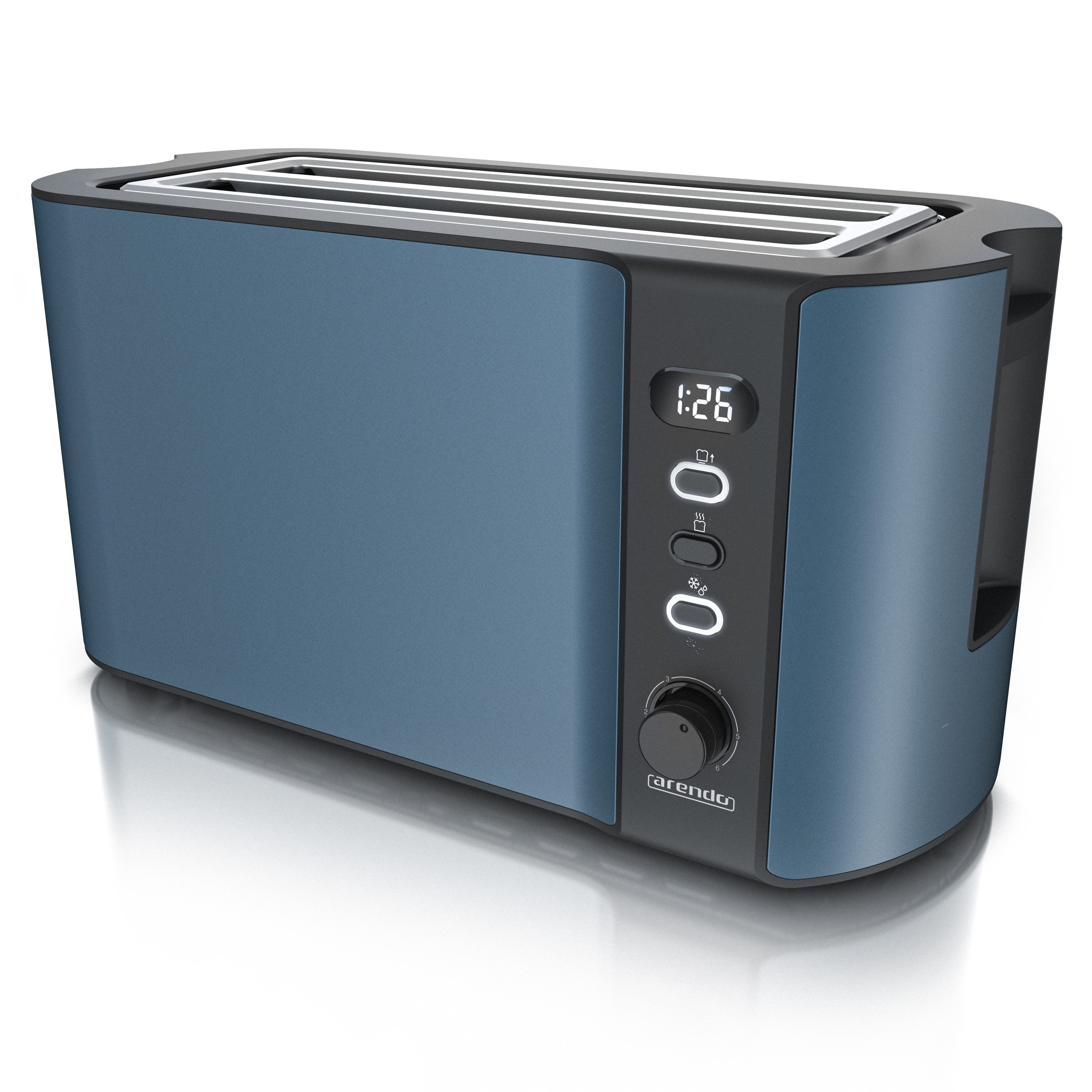 Arendo Toaster Langschlitz, Edelstahl, Display mit Restzeitanzeige, Krümelschublade, 2 lange Schlitze, für 4 Scheiben, 1500 W, Defrost Funktion, Wärmeisolierendes Gehäuse, mit Brötchenaufsatz