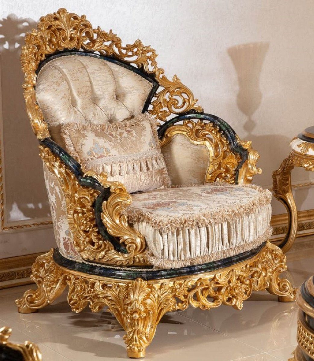 Befürworter Casa Padrino Sessel Luxus Sessel - / elegantem Wohnzimmer Mehrfarbig mit Sessel & Prunkvoller - Prunkvoll Edel Gold Muster Möbel - Gold Blau Wohnzimmer Barock / Barock 