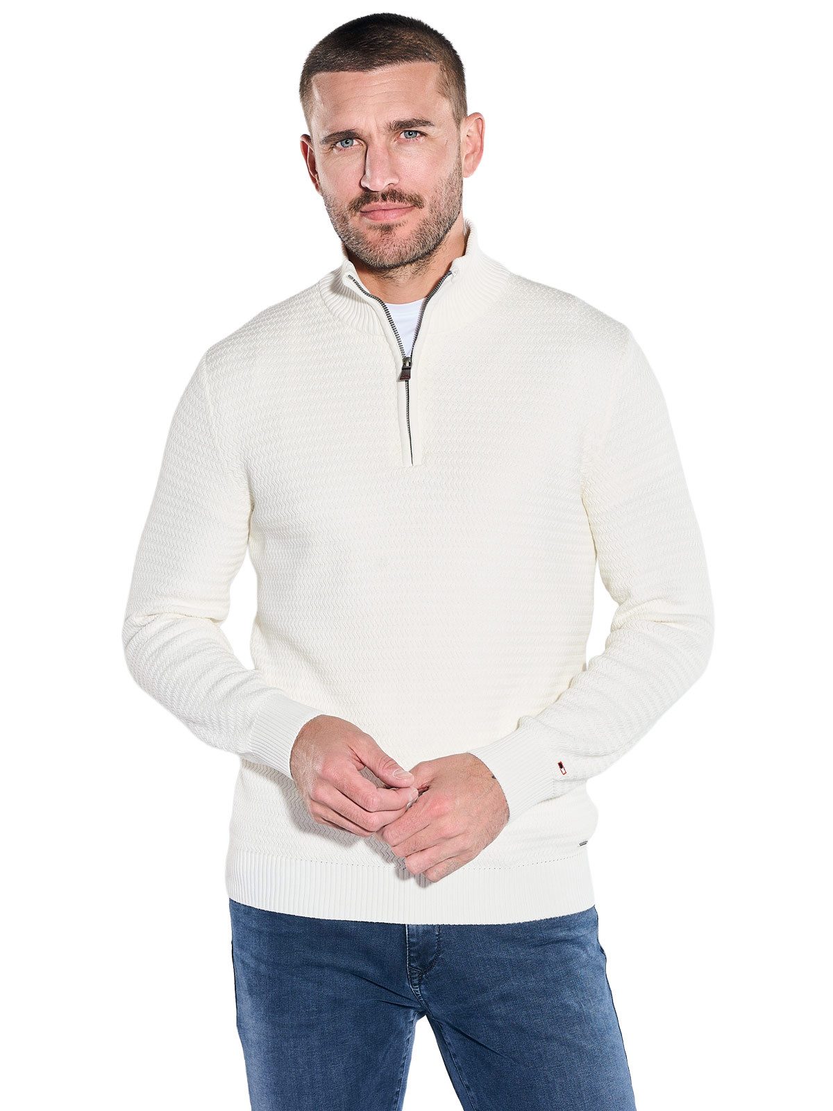 emilio adani Stehkragenpullover Herren Strickpullover mit Stehkragen, Naturweiss