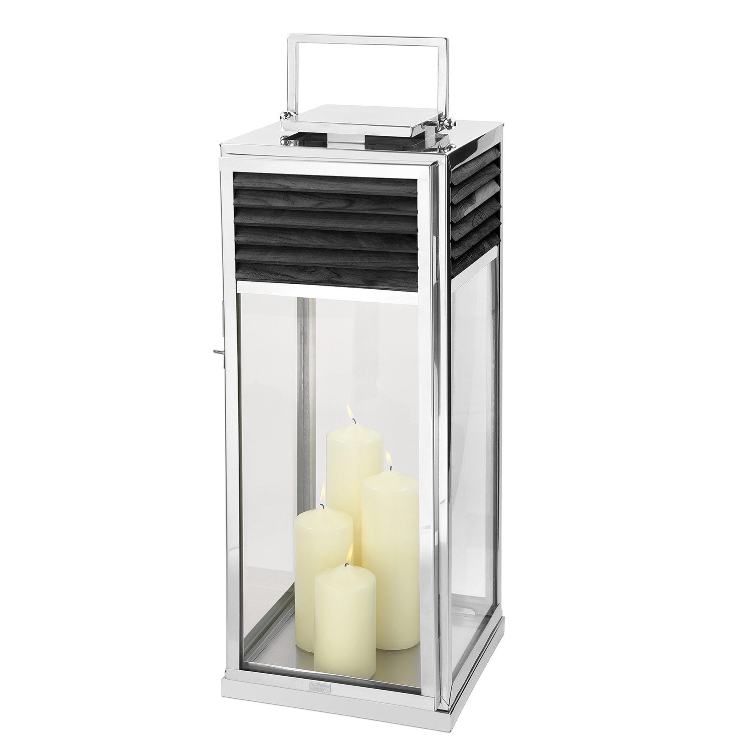 Kerzenlaterne GENUA Laterne - H.80cm - schwarz/silberfarben - Edelstahl /Teakholz