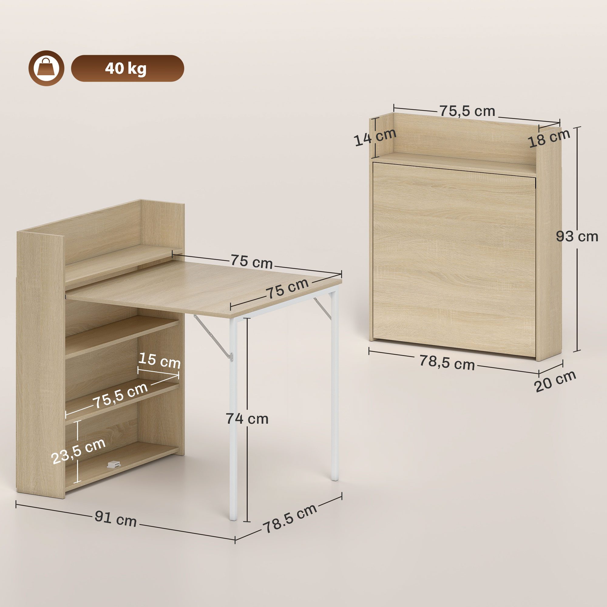 HOMCOM Klapptisch Esstisch Klappbar für 3 Personen mit 4-stufigen Regalen (Esszimmertisch, 1-St., Küchentisch), für kleine Räume, Küche, Esszimmer, 78,5 x 91 x 93 cm, Eiche