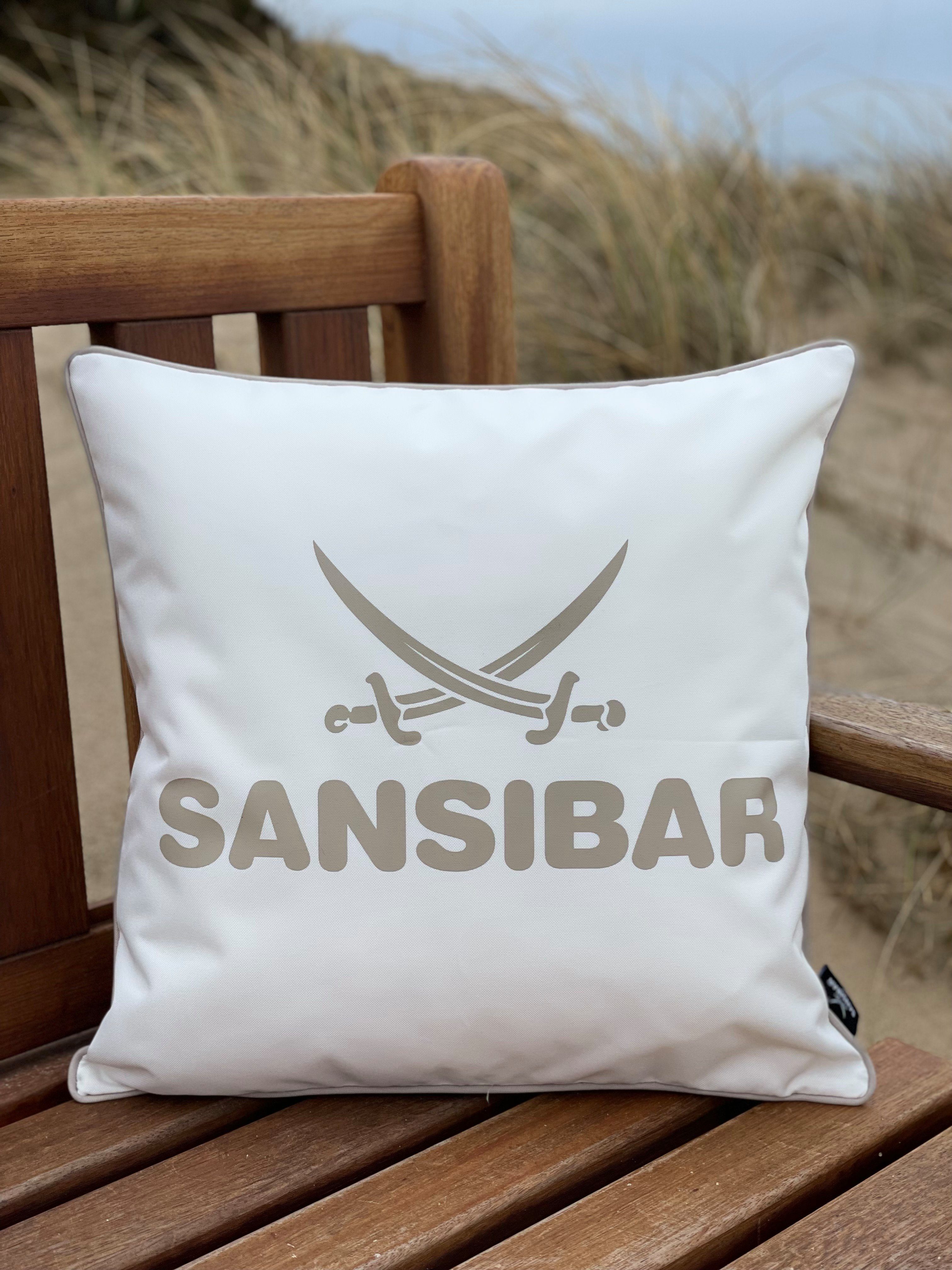 Dekokissen Sansibar wasser- cm, offwhite/taupe Sansibar Logodruck, Outdoor 45x45 (1 Outdoor Stück), geeignet, Sylt und schmutzabweisend Kissenfüllung, Kissen