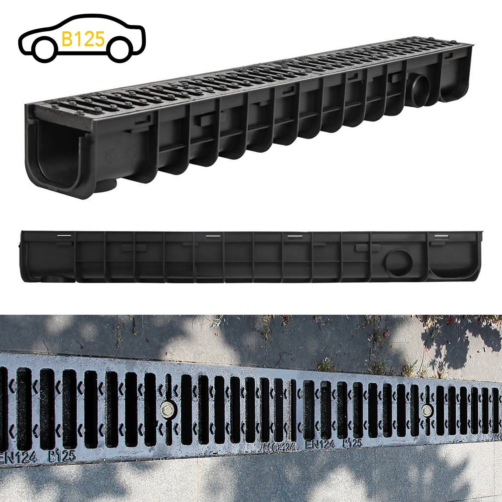 Melko Regenrinne Entwässerungsrinne B125 Guß Kunststoff Stahl Belastungsklasse Rinne,Klasse B125, Stück, 1-St., Einzelartikel, Diebstahlschutz