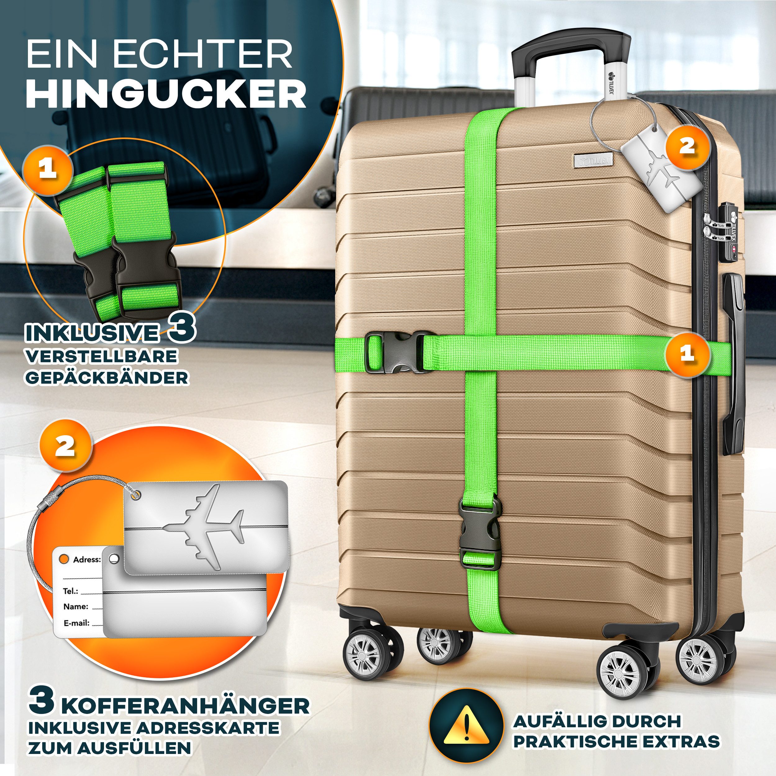 tillvex Trolleyset tillvex® Reisekoffer Set Koffer Hartschale Trolley Kofferset Tasche, (TSA Schloss Rollkoffer S-M-L-XL, 3 tlg., 4 Rollen Trolley Gepäck Koffer), Reisekoffer Set 3-TLG. + Gepäckwaage, 6X Gurte & 3X Anhänger Kofferset