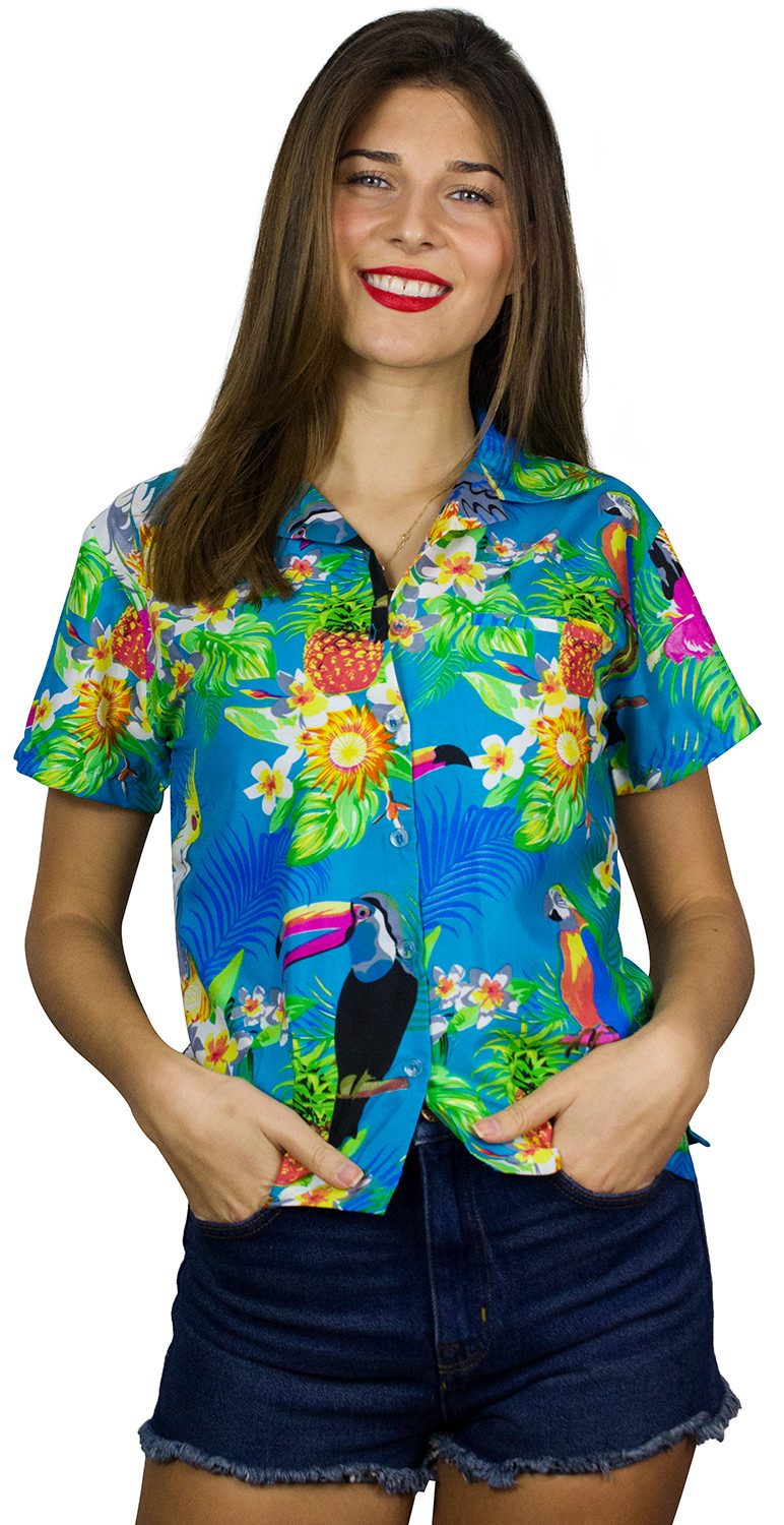 Hawaiihemd Parrot Cockatoo Funky Hawaiibluse Damen Kurzarm Front-Tasche Stylish