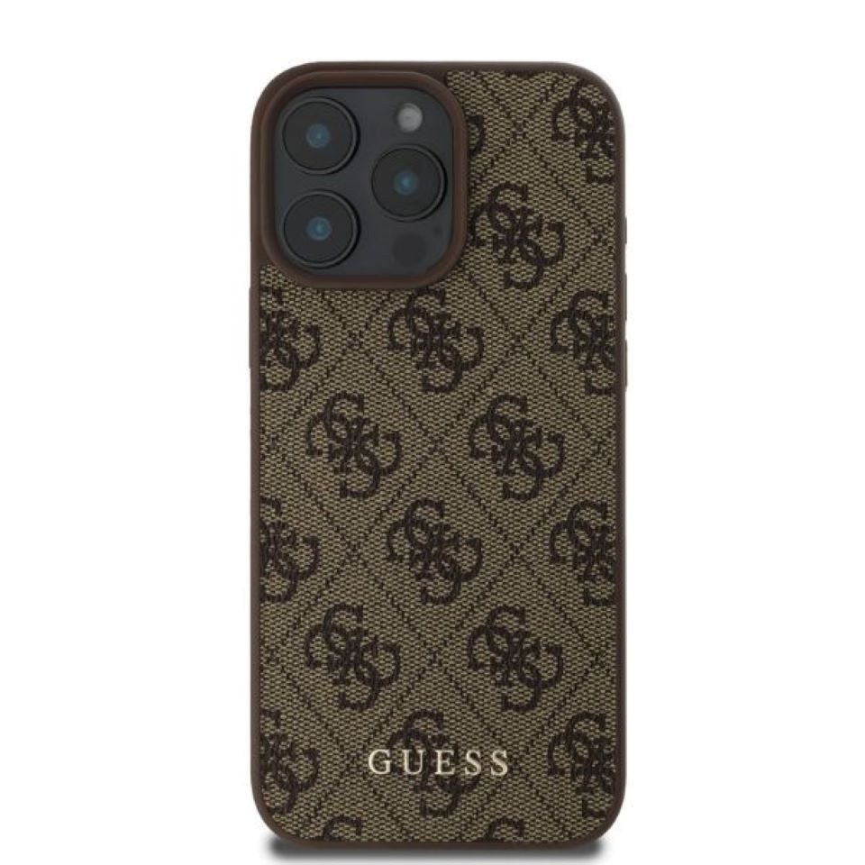 Guess Handyhülle Case iPhone 16 Pro Kunstleder braun mit goldfarbenen Logo 6,3 Zoll, Kantenschutz