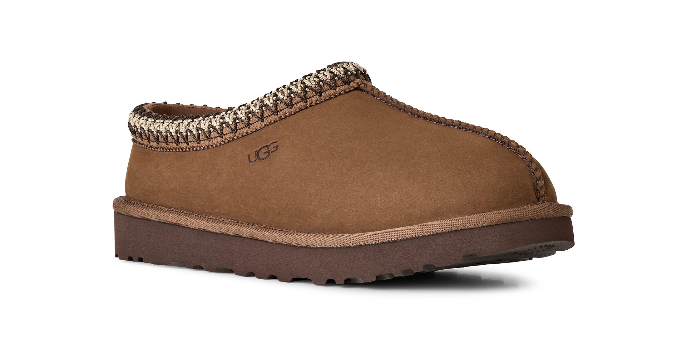 UGG W TASMAN NUBUCK Pantoffel Slipper, Schlupfschuh mit Textilborde im Ethno-Style