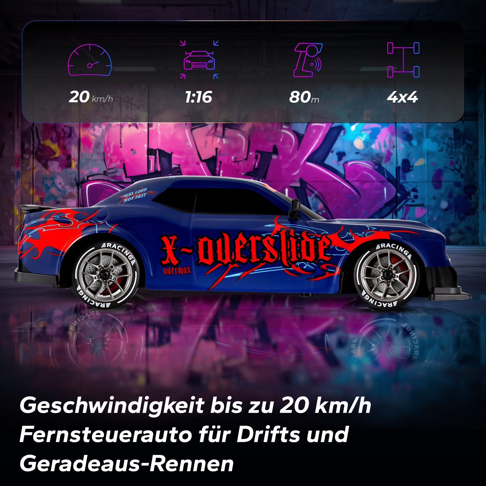 Overmax RC-Auto X-OVERSLIDE (Set, Set), 20 km/h/LED-Unterboden/2 Akkus/2 Karosserien/4WD