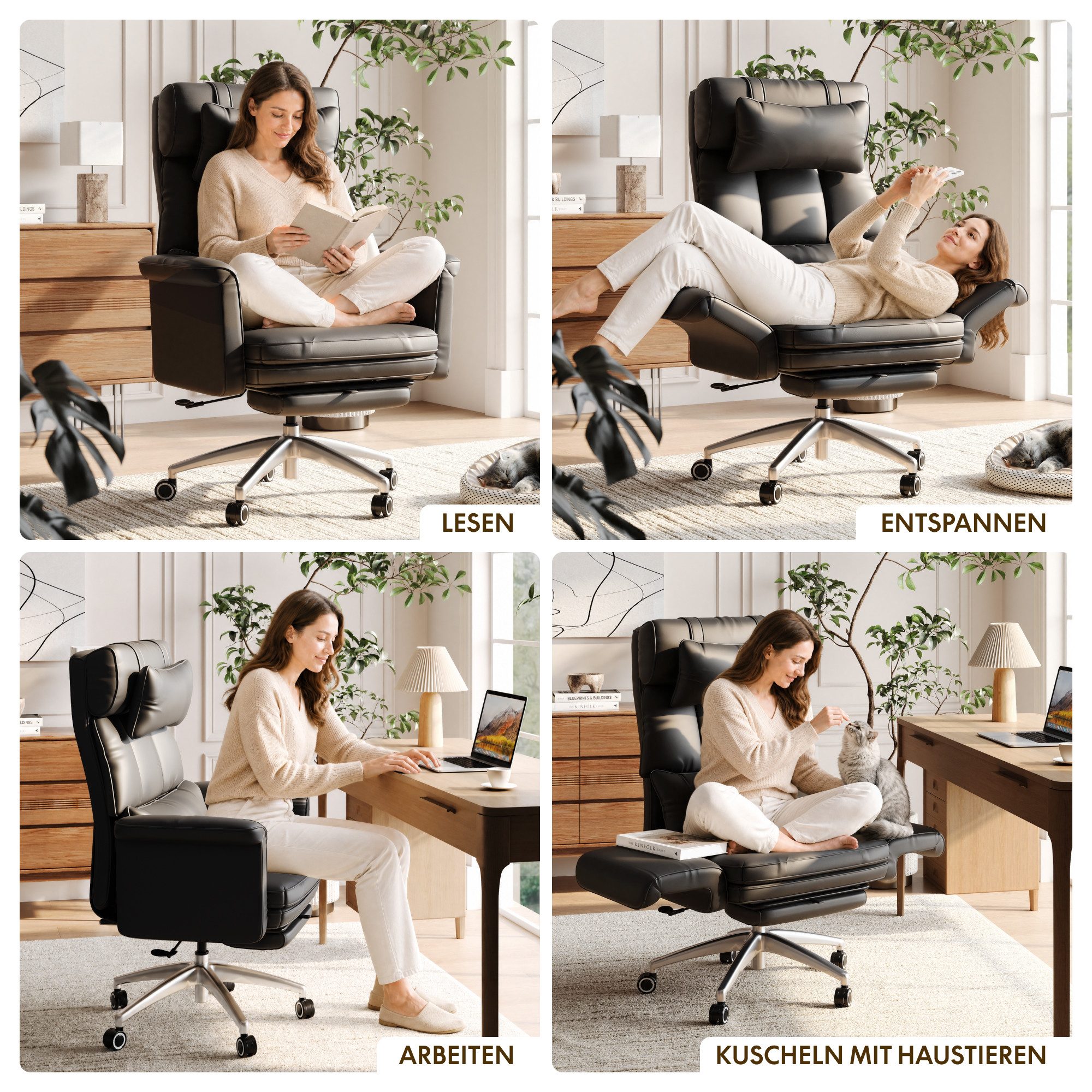 FLEXISPOT Stuhl Haustierfreundlicher Bürostuhl Chefsessel mit 180° Klapparmlehnen (Erweiterbare Sitzfläche bis 112 cm, kratzfestem Katzenkrallenleder, Fußstütze – Bild 2 von 5