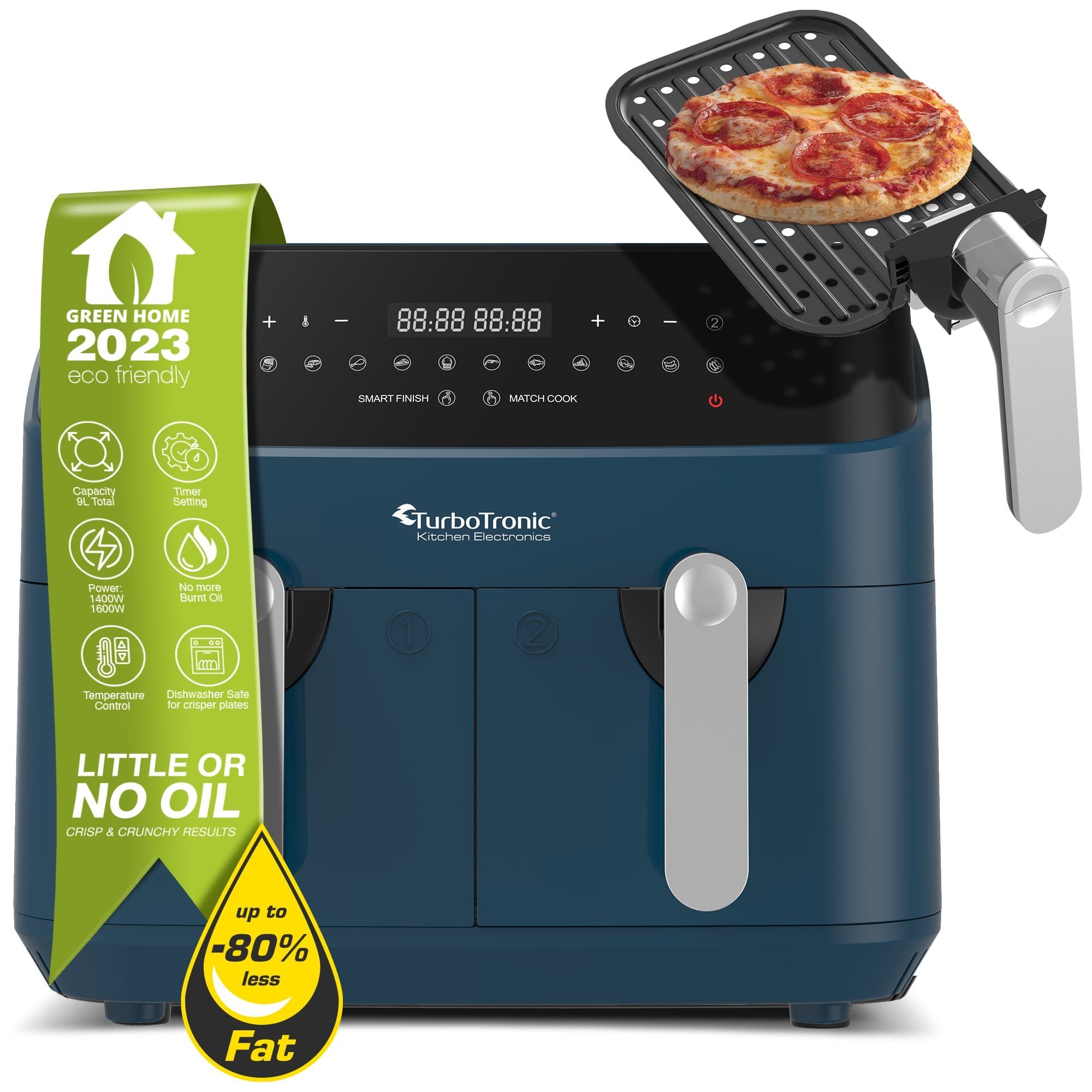 TurboTronic by Z-Line Heißluftfritteuse XXL Doppelkammer 12in1 Dual Airfryer 2x 0,5 kg 200°C Power Pizza Grill, 1600 W, Heissluftfritteuse Testsieger digitale Luftfritteuse Fritteuse ohne Öl