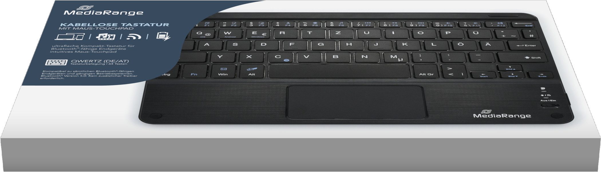 Mediarange Funk Tastatur Compact QWERTZ 64 Tasten und Touchpad schwarz Tastatur