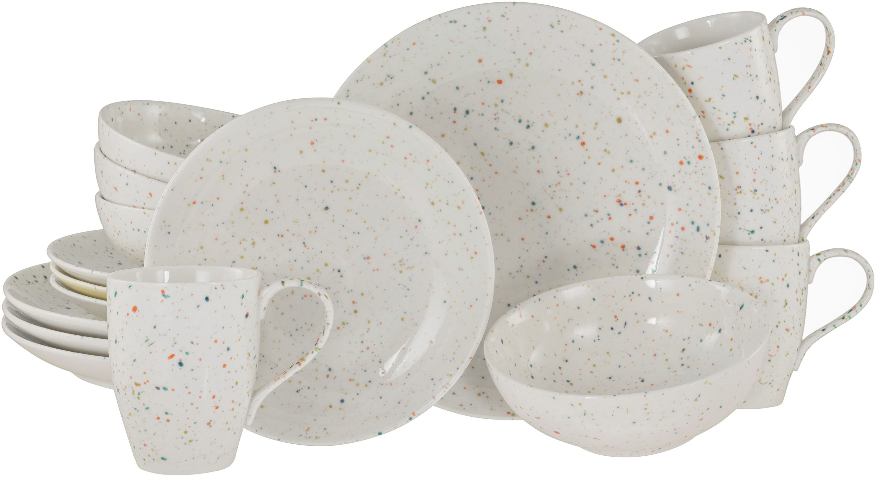 CreaTable Kombiservice Confetti, Kombi-Service 16-tlg. (16-tlg), 4 Personen, Steinzeug, Unregelmäßige bunte Punkte, Gute Laune Geschirr, Frisch, Freundlich