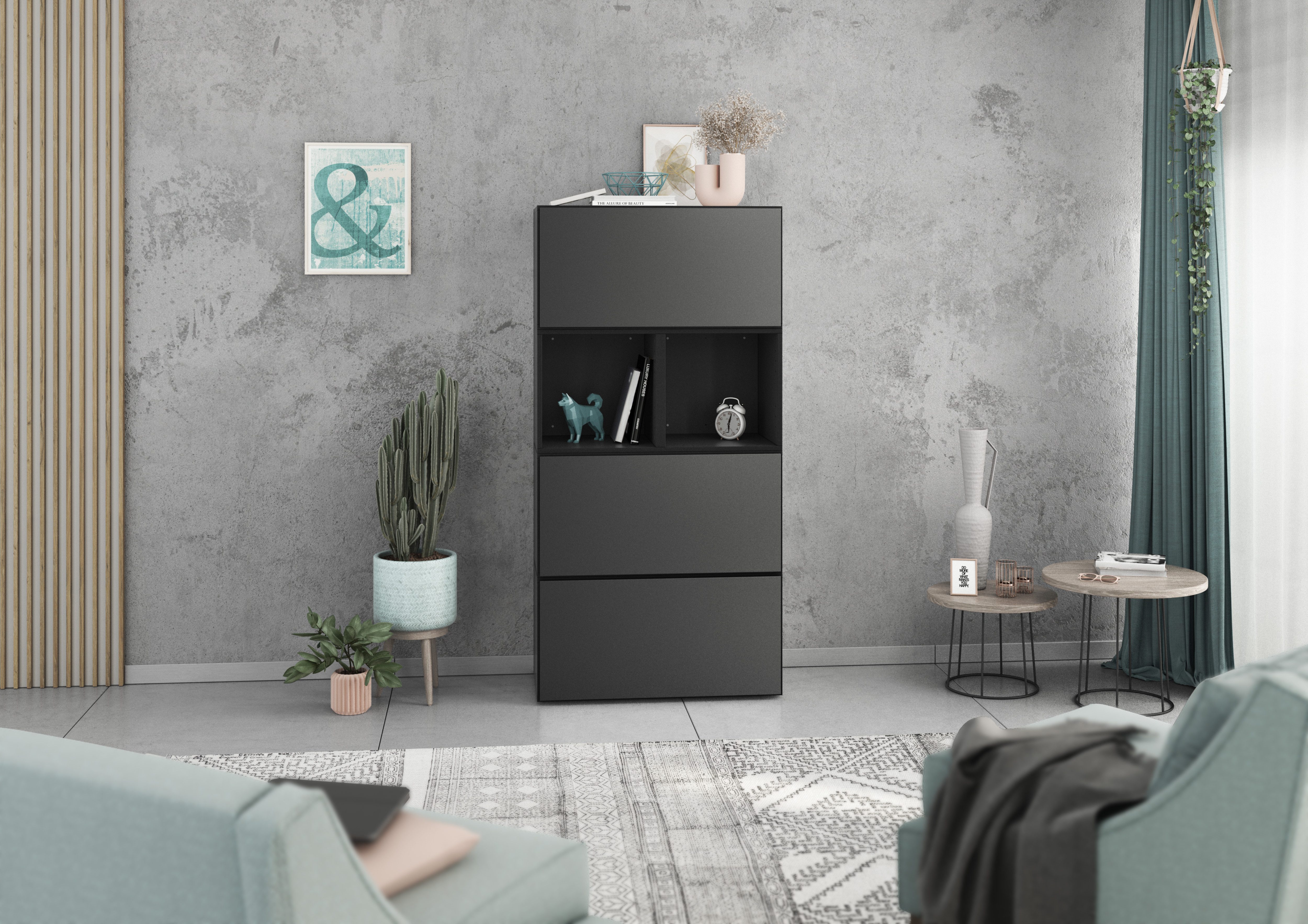 BMG Möbel Stauraumvitrine Modul+ (Highboard Set 5 tlg., besteht aus: 3x Schrank mit Klappenfunktion, 2x Regal) Schränke frei kombinierbar, wandhängend oder stehend