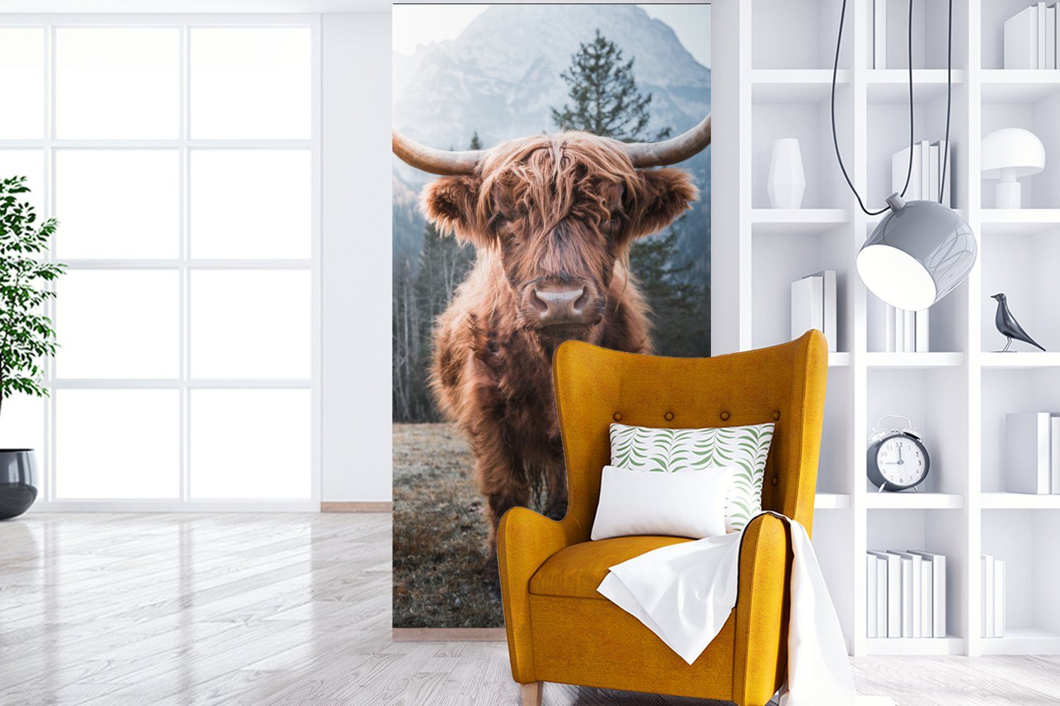 Schottischer für Kuh Wohnzimmer Vliestapete Tiere St), MuchoWow Fototapete Küche, - Fototapete Schlafzimmer Matt, - Berg Natur, - (2 Hochländer - bedruckt,