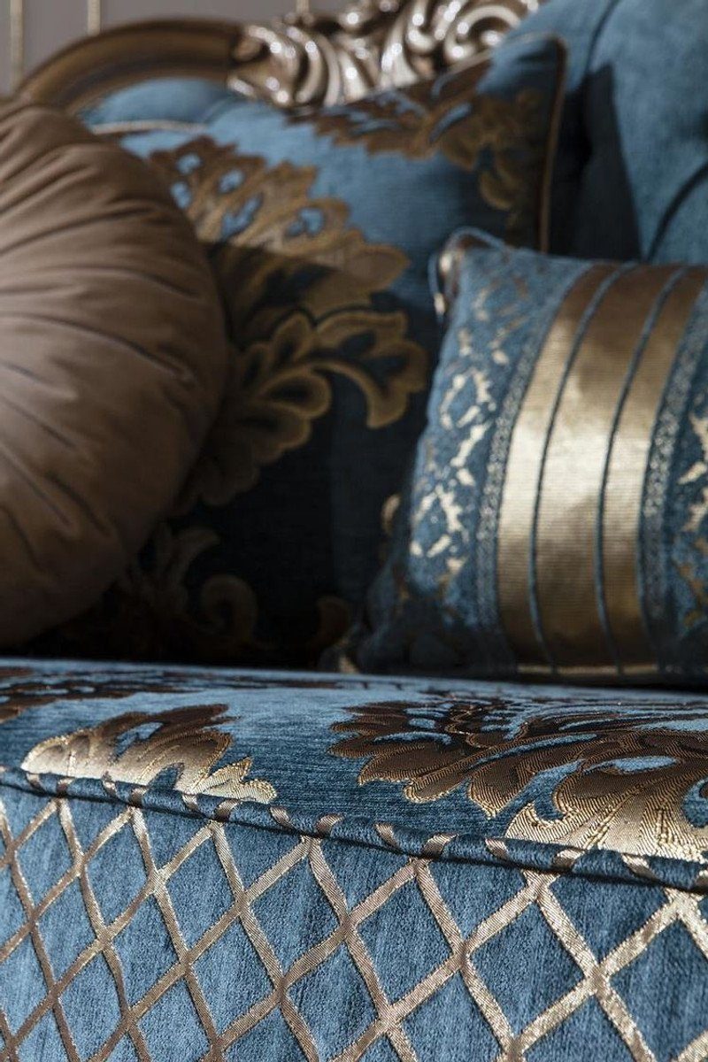 Casa Padrino x Muster x / Barock Gold 90 Luxus Sofa Sofa Blau und Prunkvolles Sofa cm H. 125 - mit elegantem Wohnzimmer Barock Kissen dekorativen - Möbel 260