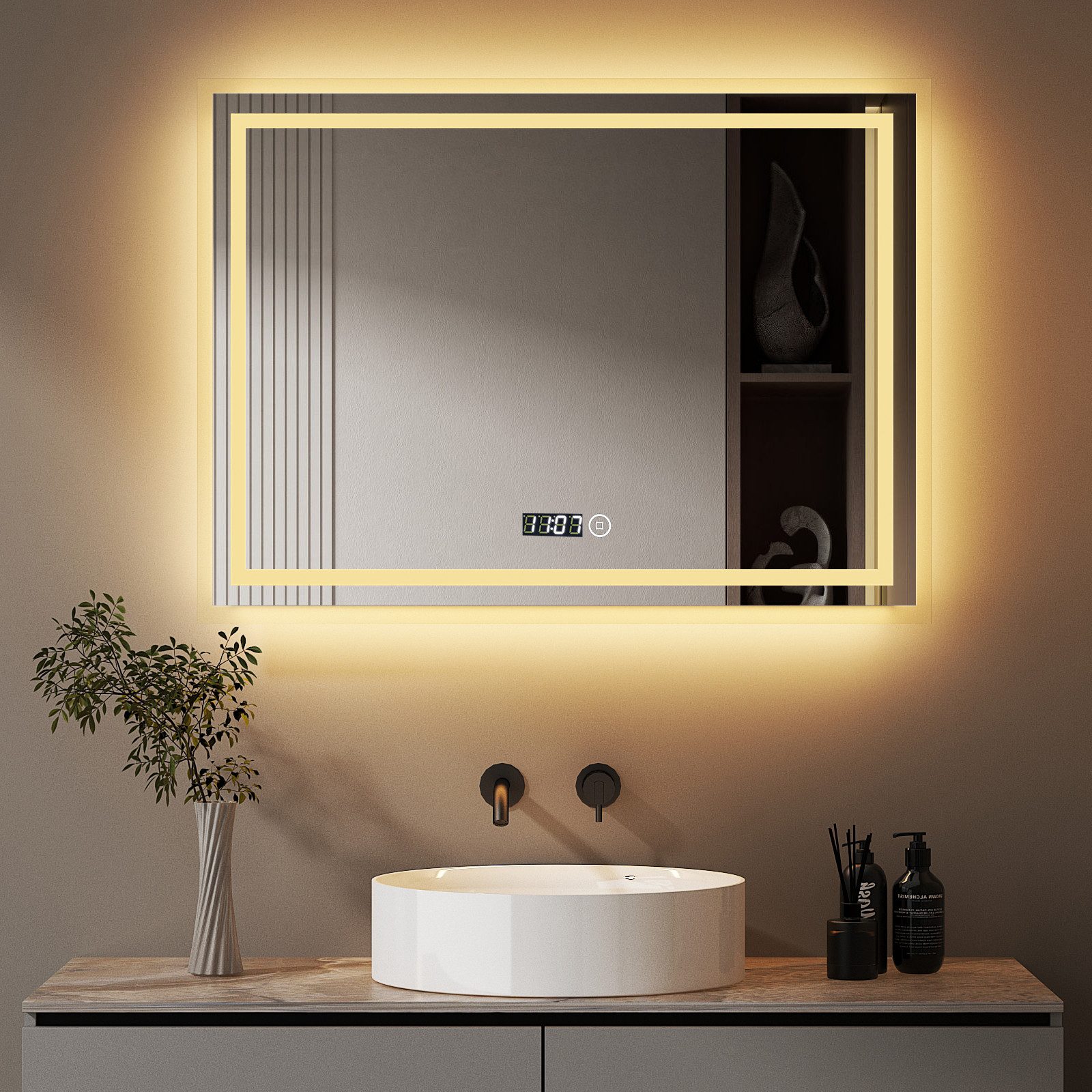 Badspiegel Badezimmerspiegel Led 100x60 80x60 Uhr 3 Lichtfarbe Helligkeit Dimmbar