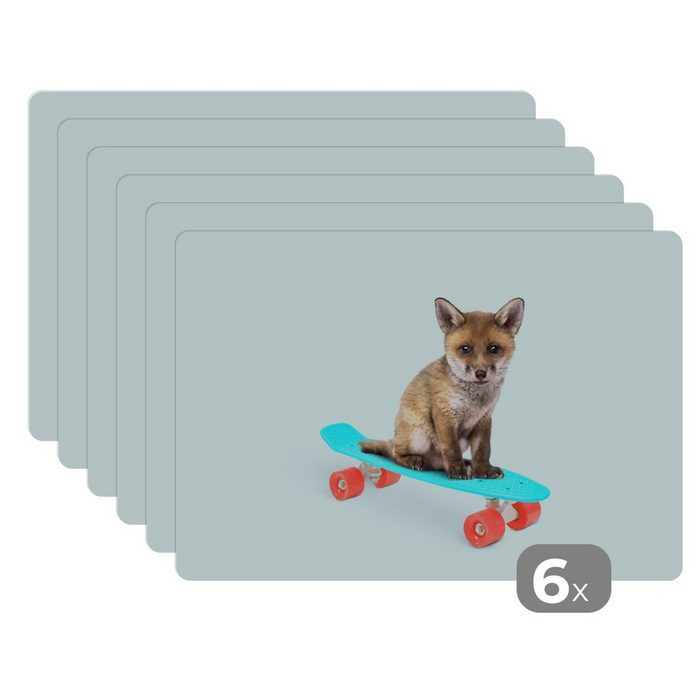 Platzset Fuchs - Tiere - Skateboard - Blau MuchoWow (6-St) Platzset Platzdecken Platzmatte Tischmatten Schmutzabweisend