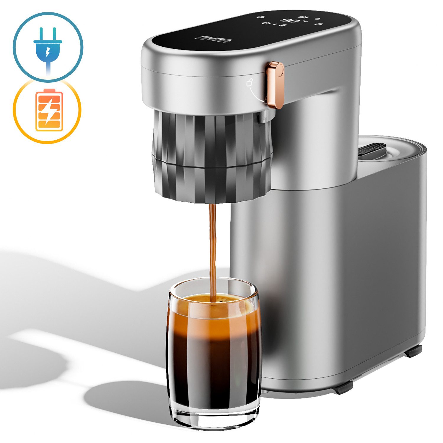 PURA COFFEE Espressomaschine C1, Mini Kaffeemaschine mit Sofortheizung Kompatibel mit gemahlenem Kaffee, 3-Sekunden Heißaufheizung, 20Bar, Tragbar und Wiederaufladbar