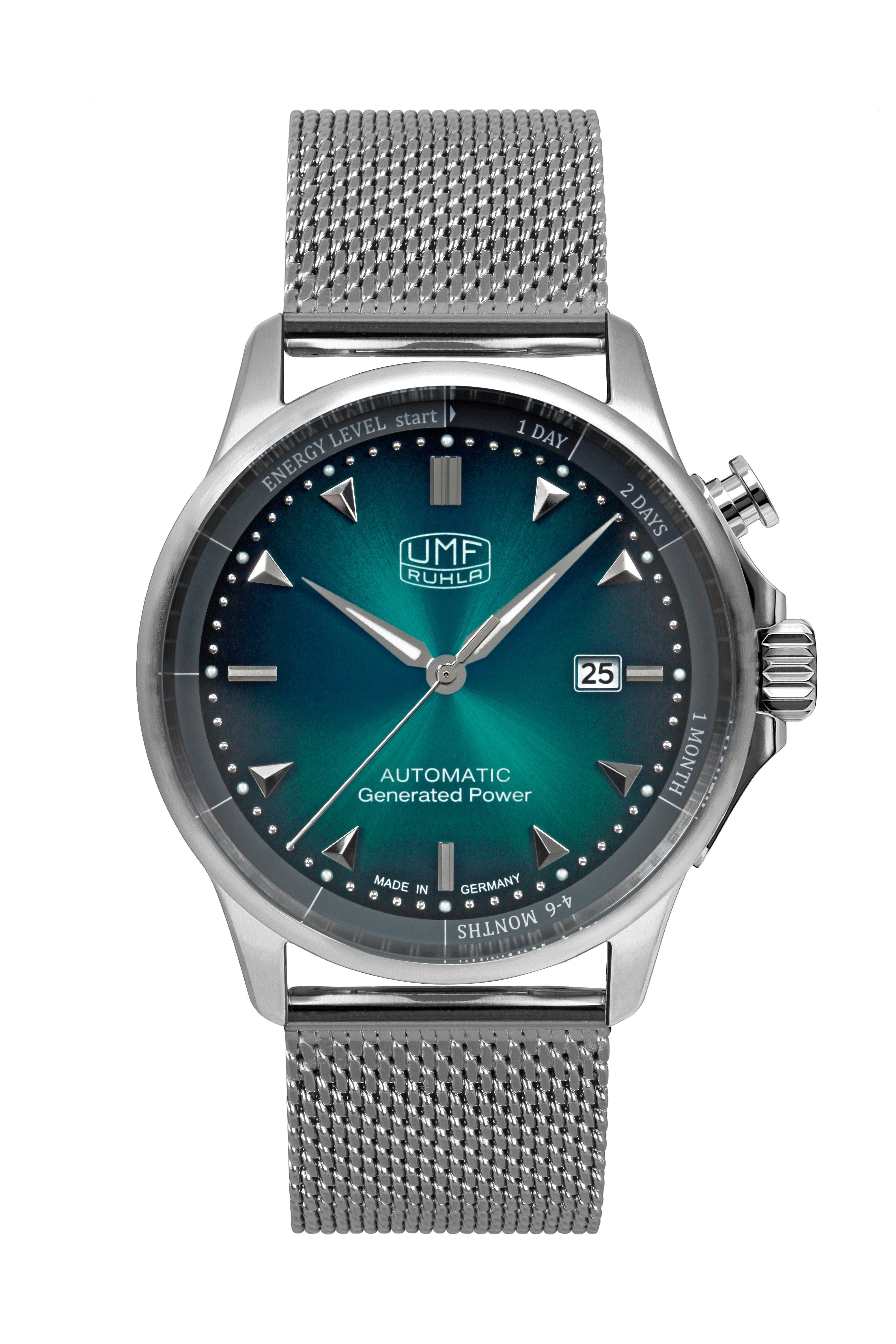 UMF Ruhla Kineticuhr 1064M-3, Autokinetic Herrenuhr, Zifferblatt in Türkis mit Milanaiseband - Made in Germany
