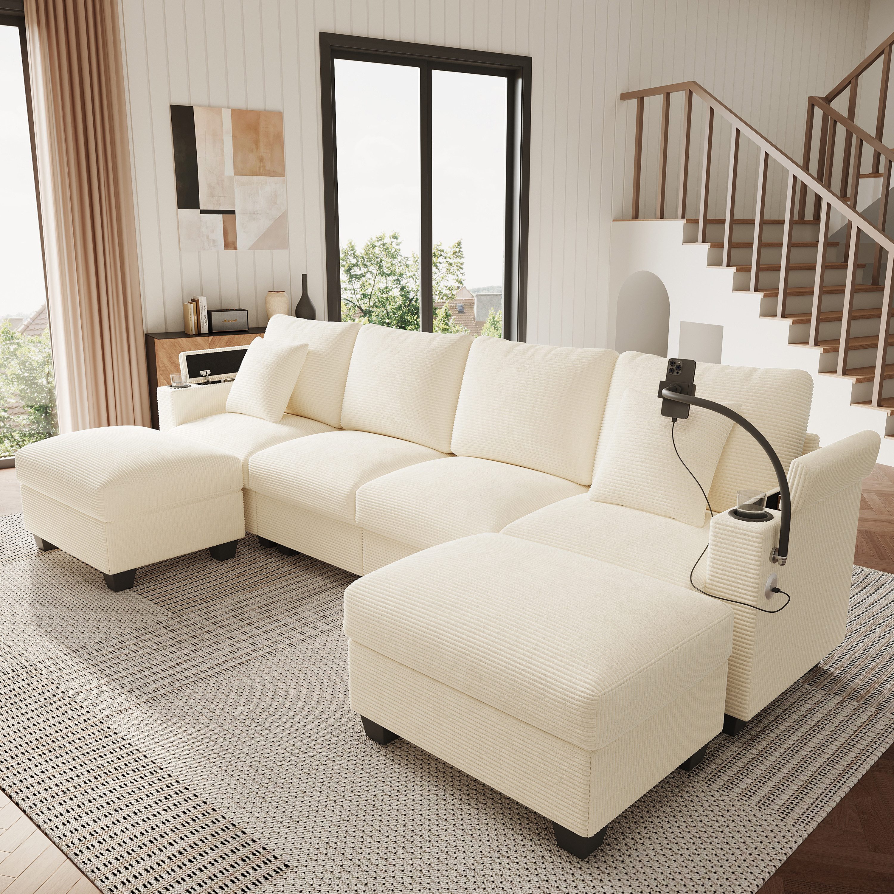 Merax Ecksofa U-Form Sofa mit Schlaffunktion, USB & Typ-C Ladeanschluss, modulares Cordsofa, Schlafsofa für Wohnzimmer, Schlafzimmer & Wohnung 1 Teile, Sofa mit 2 Hockern, Handyhalter, Getränkehalter & verdecktem Staufach
