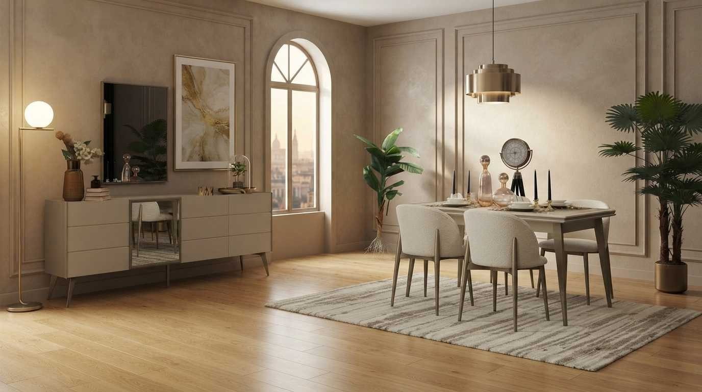 Xlmoebel Esszimmer-Set Esszimmer Set Beige Modern Luxus Esstisch Stühle Konsole Spiegel, (7-St., 1x Tisch, 4x Stühle, 1x Sideboard, 1x Spiegel)