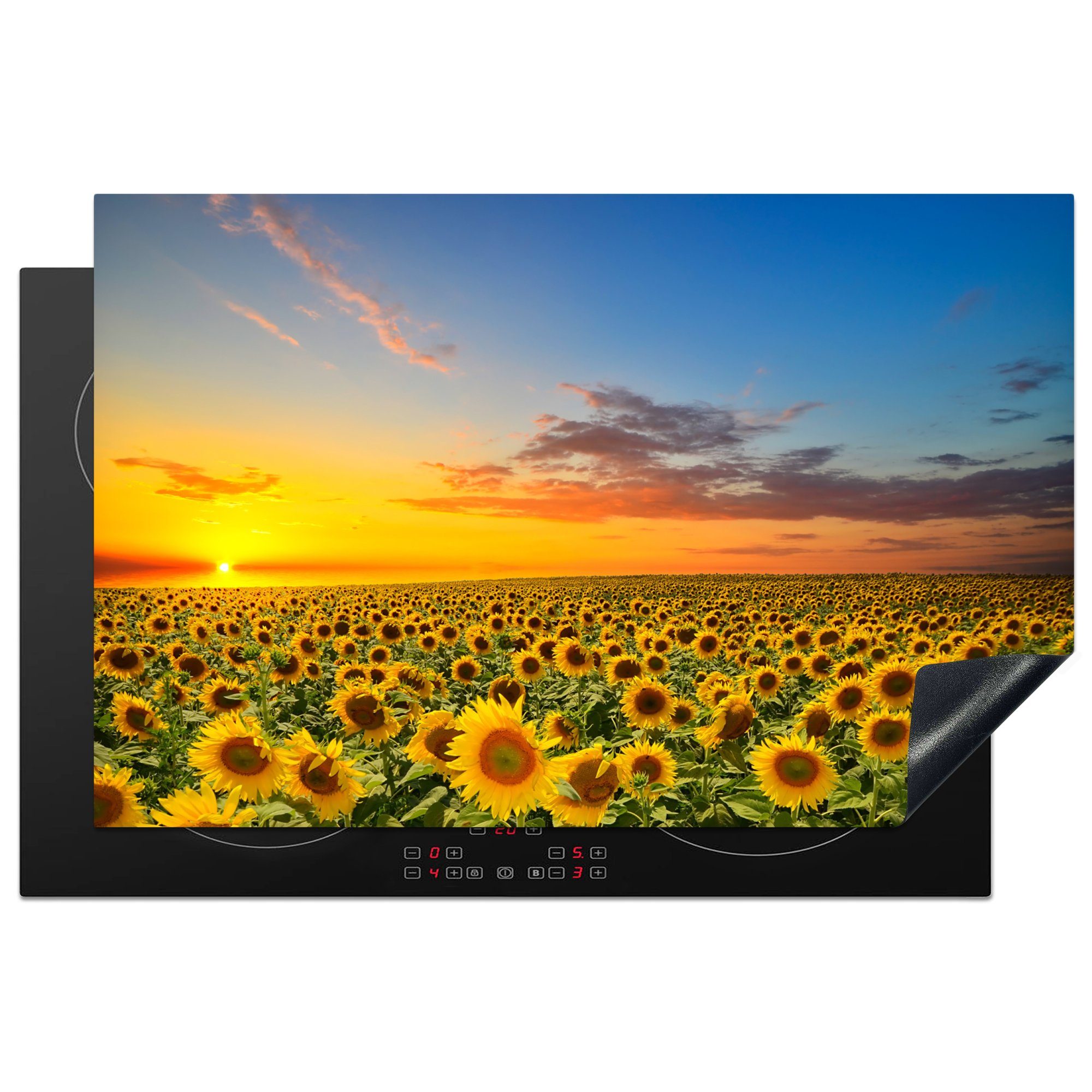 MuchoWow Herdblende-/Abdeckplatte Blumen - Sonnenblume - Sonnenuntergang - Nacht - Orange, Vinyl, (1 tlg), 81x52 cm, Induktionskochfeld Schutz für die küche, Ceranfeldabdeckung