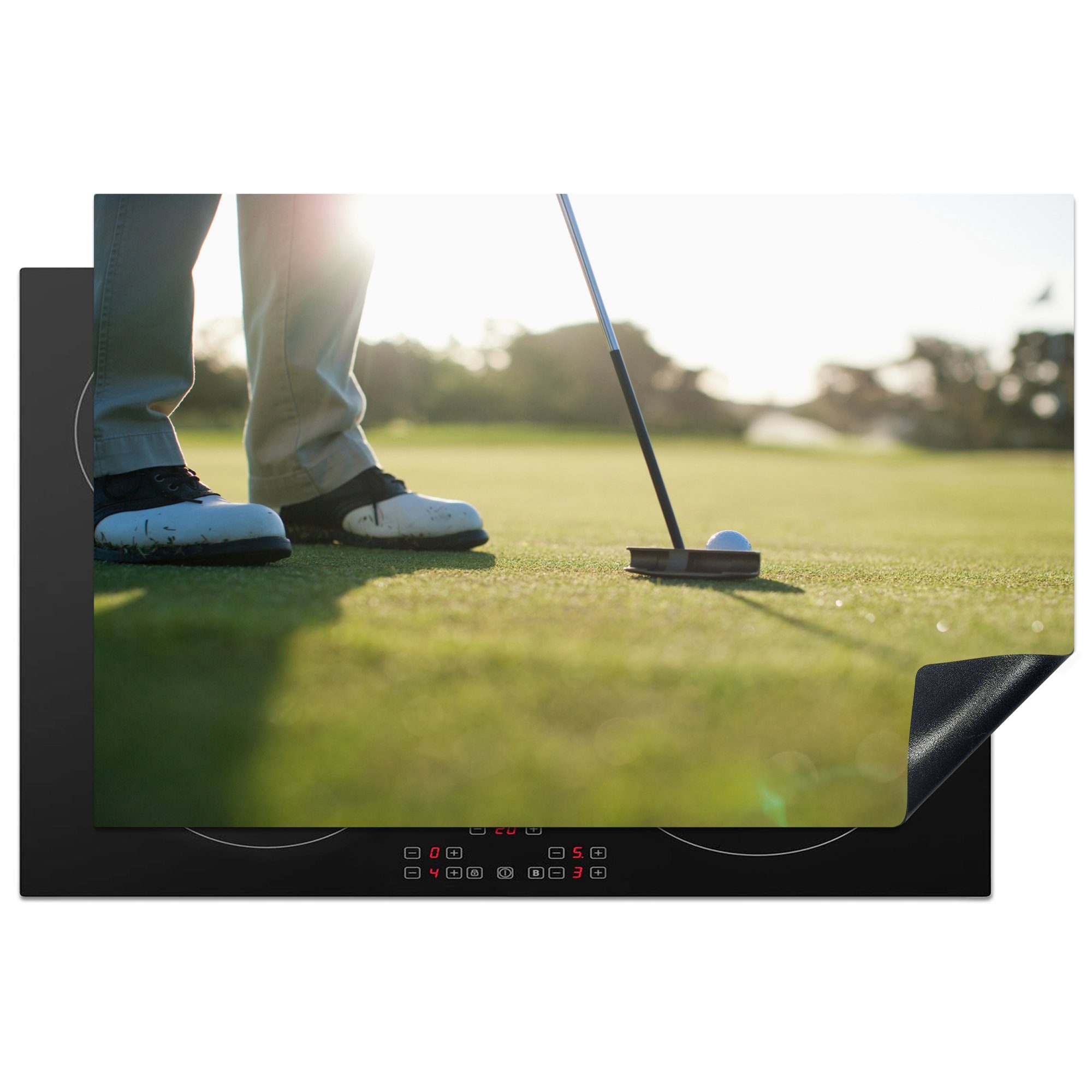 MuchoWow Herdblende-/Abdeckplatte Ein anständiger Golfer hat einen Schläger in der Hand, Vinyl, (1 tlg), 81x52 cm, Induktionskochfeld Schutz für die küche, Ceranfeldabdeckung