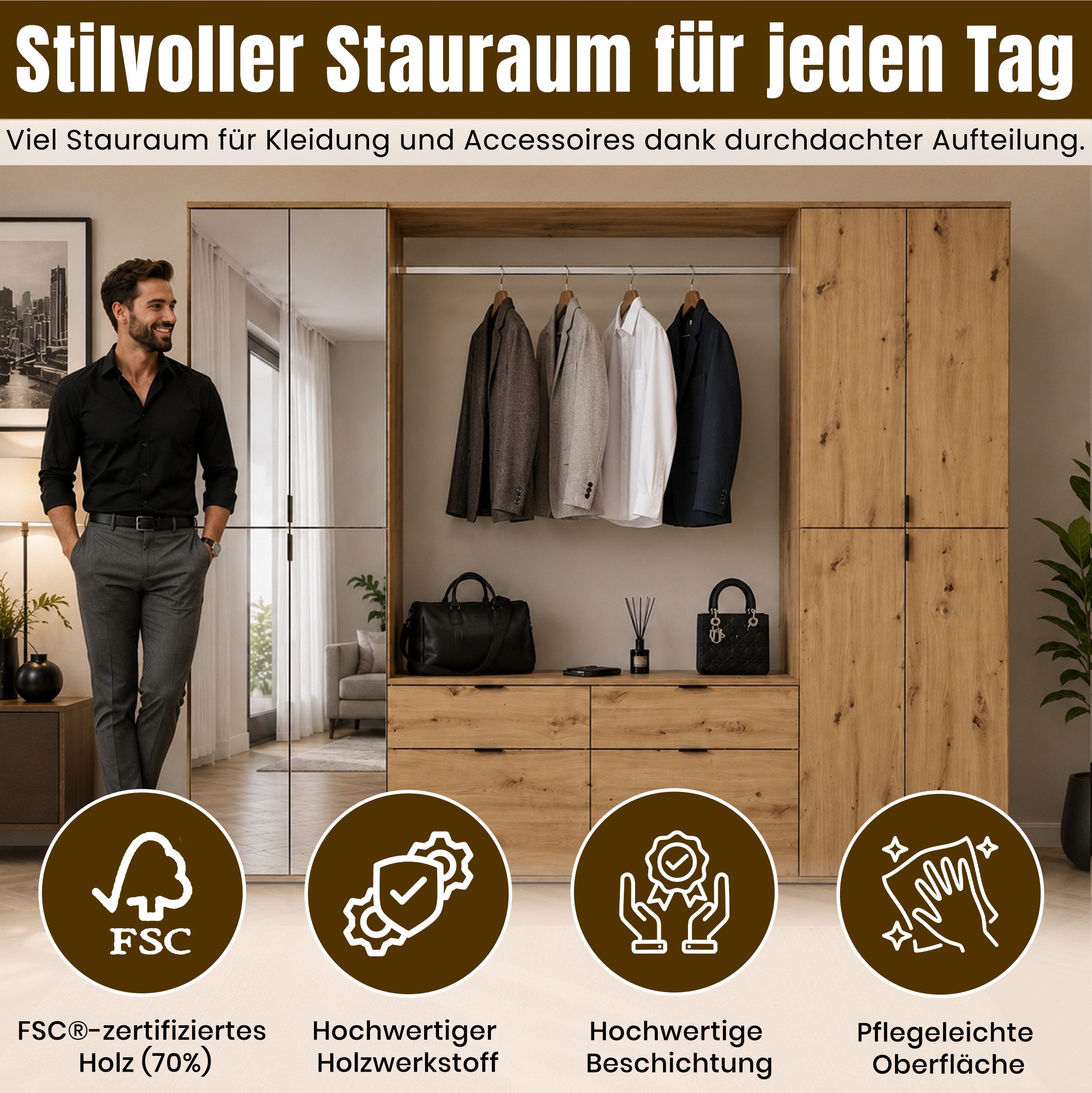 xonox.home Garderoben-Set Garderoben Set Projekt X, Artisan Eiche / Spiegeltüren, 3-teilig, (3-St), Kompaktgarderobe